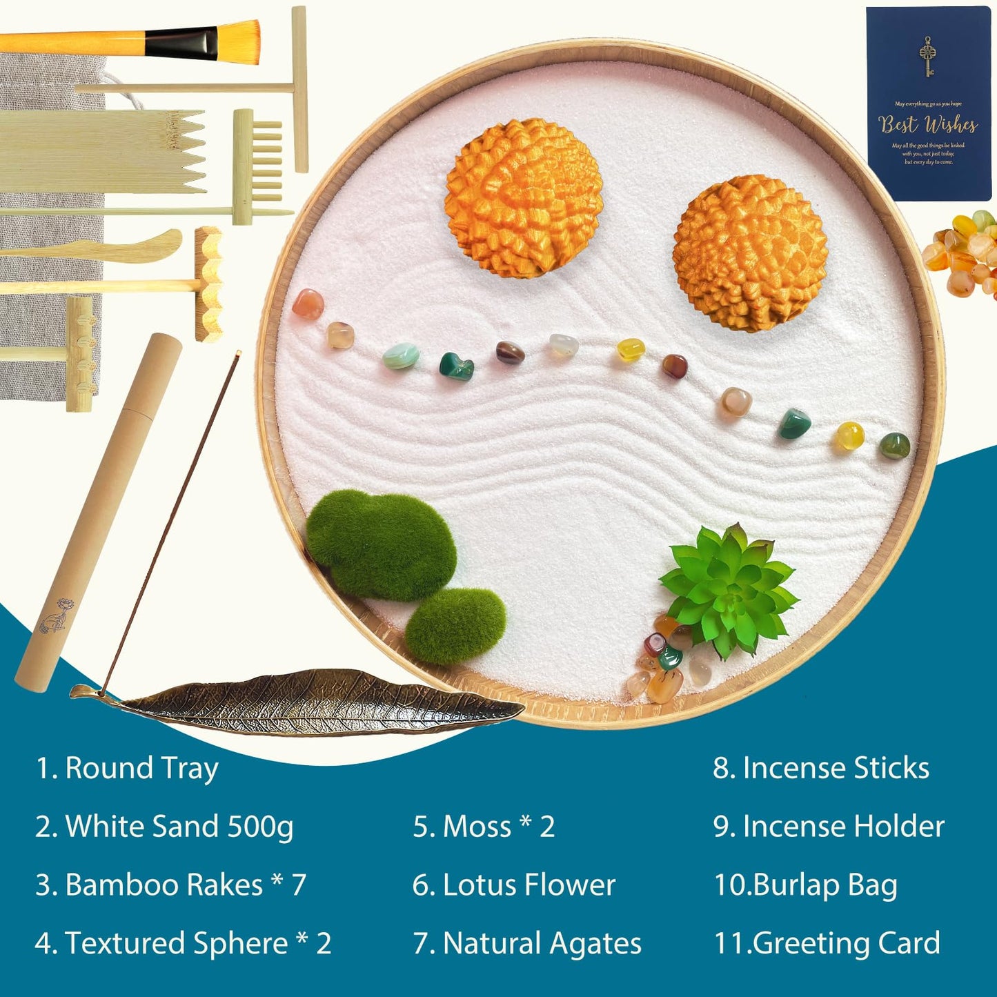 Threeheng Japanese Zen Garden Kit for Desk, Bamboo Sand Garden Meditation Therapy Tray Gift Set, Mini Zen Décor Office Desktop Accessories - 2 Textured Spheres, Incense with Holder