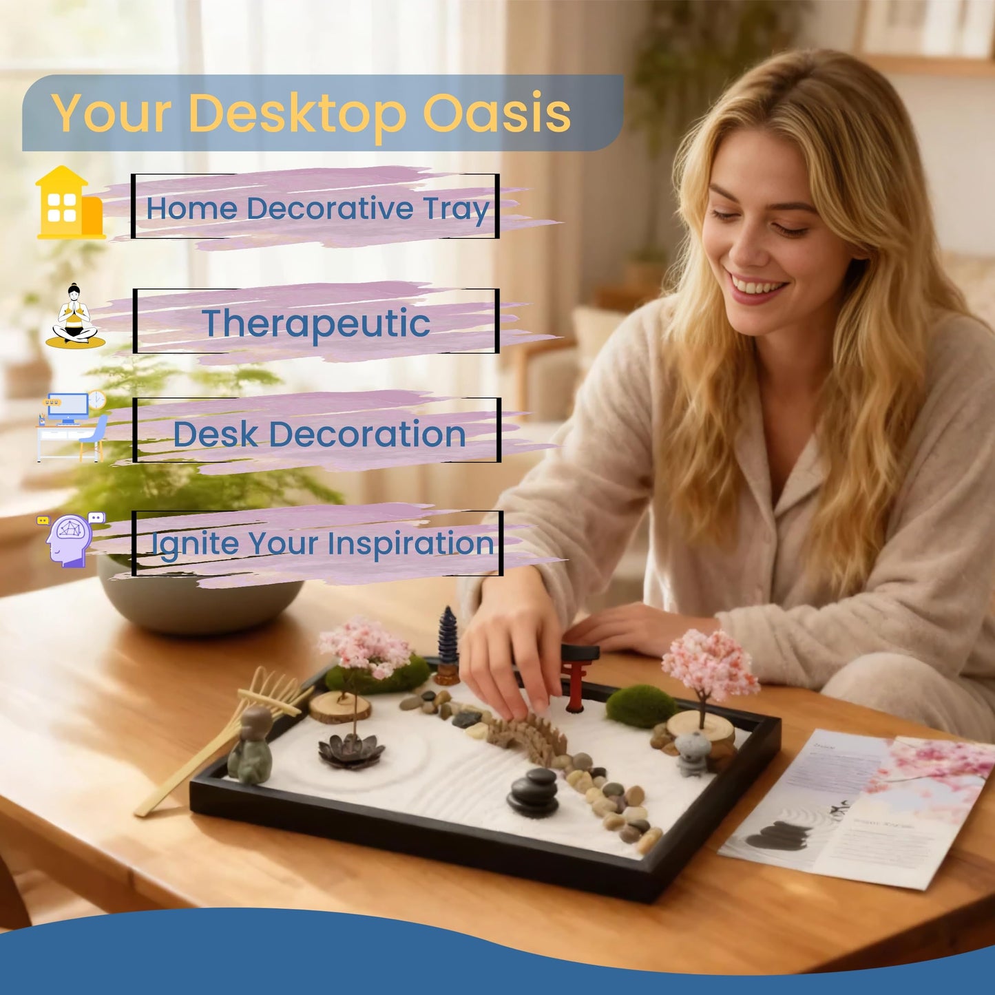 Zen Garden Kit for Desk, 12x8 Inch Sand Tray with 16 Accessories and 6 Tools, Japanese Meditation Mini Garden Set,Mini Meditation Decor for Adults, Stress Relief, Home & Office Decor, Unique Gift Set.