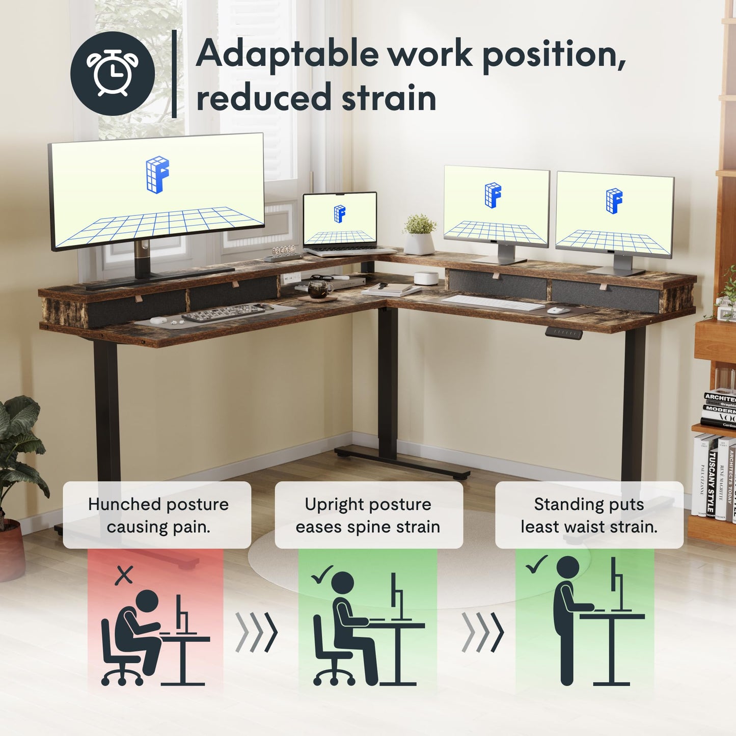 FLEXISPOT 63" L Shaped Standing Desk Electric Corner Table with Shelf, 4 Storage Drawers, Adjustable Computer Workstation for Home, Office, Game, Studio, Rustic Brown Top + Black Frame