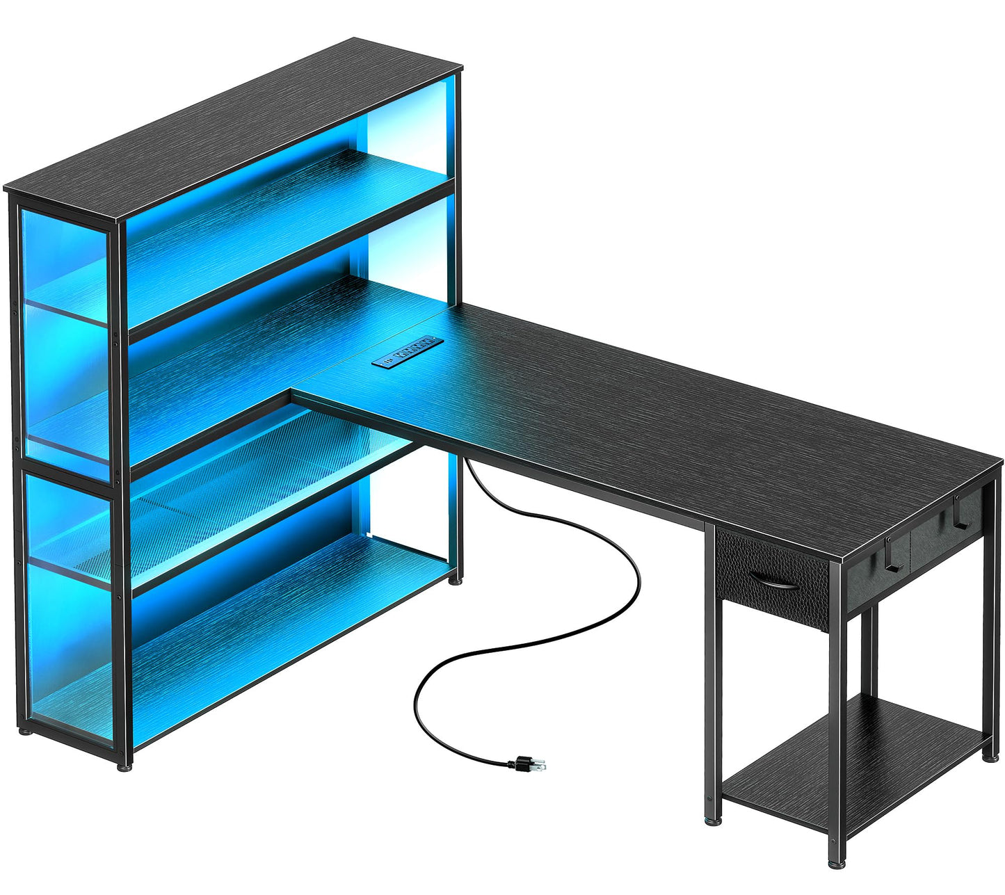 PRAISUN 57 Inch L Shaped Gaming Computer Desk with Larger Open Cabinet, Reverisble Office Desk with Power Outlets, LED Lights, Work Desk, Fabric Drawer, Adjustable Wood and Mesh Shelf, Black