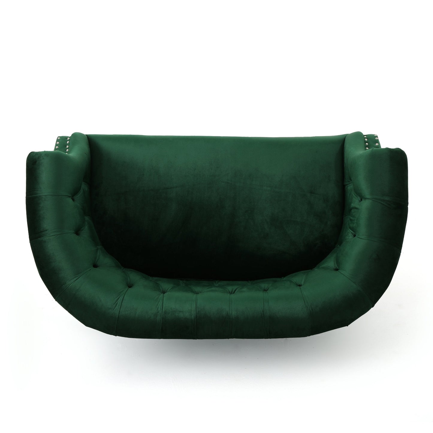 GDFStudio Melaina Tufted Chesterfield Velvet Loveseat with Scrolled Arms, Emerald and Dark Brown.