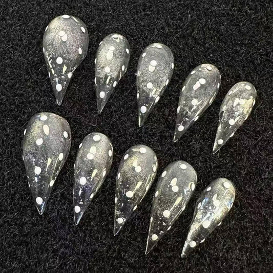 Handmade Press on Nails Medium Stiletto Fake Nails Unique Eagle Claw Thick Acrylic Nails Transparent False Nails with Polka Dots Glitter Cat Claw Designs Glossy Glue on Nail Sturdy Nail Art 10Pcs(S)