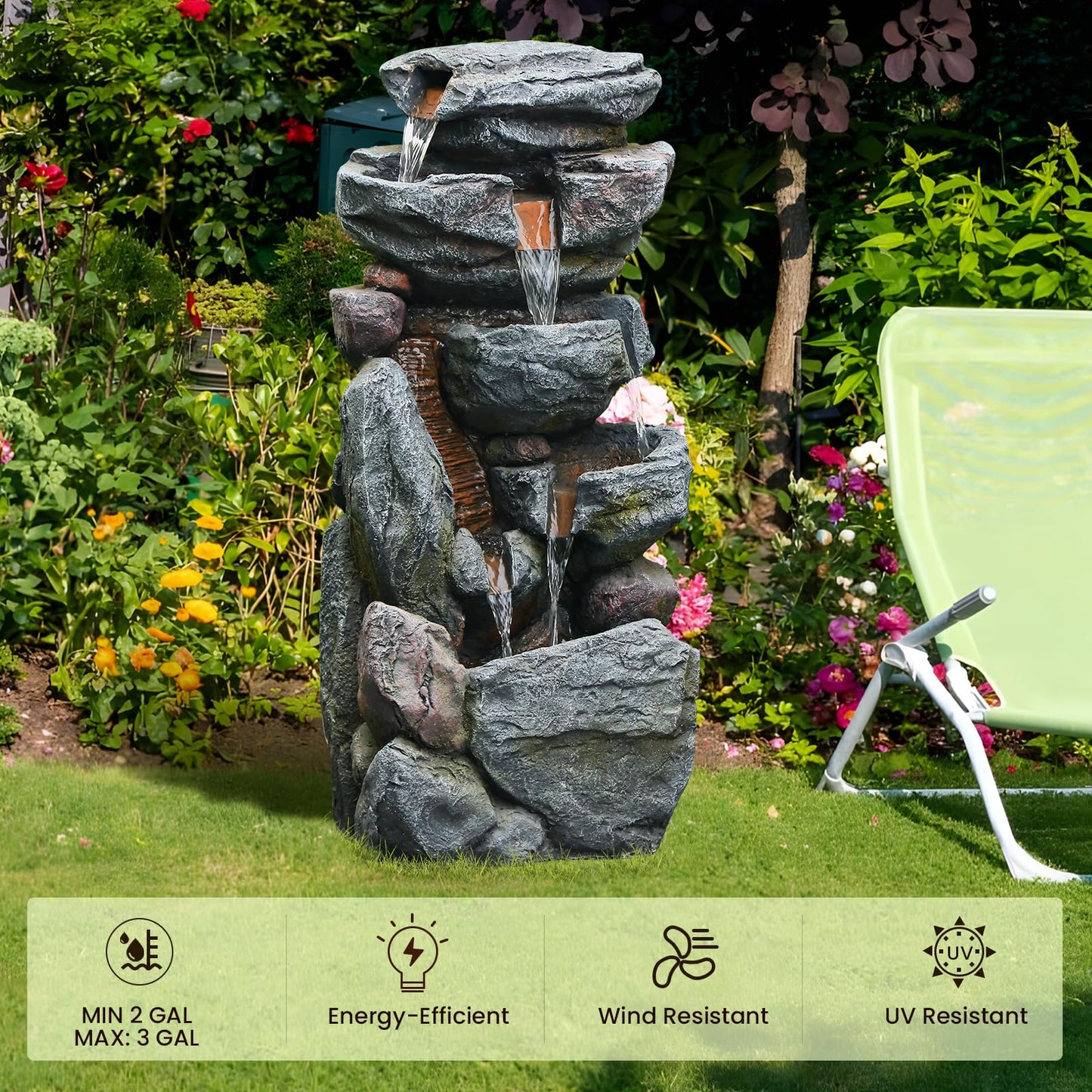 The 5-Tiered Rock Water Fountain Outdoor&Indoor, 31.5’’H Floor-Standing Garden Fountains, Stone Feature and Waterfall with Lights for Patio, Backyard, Deck, Porch, Home DéCor, Gray