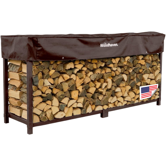 Woodhaven 8-Foot Firewood Rack – American Brand – 1/2 Cord Raised Lumber Storage Rack – Keeps Wood Dry & Ready – Heavy-Duty Steel, Lifetime Structural Warranty (With Cover)