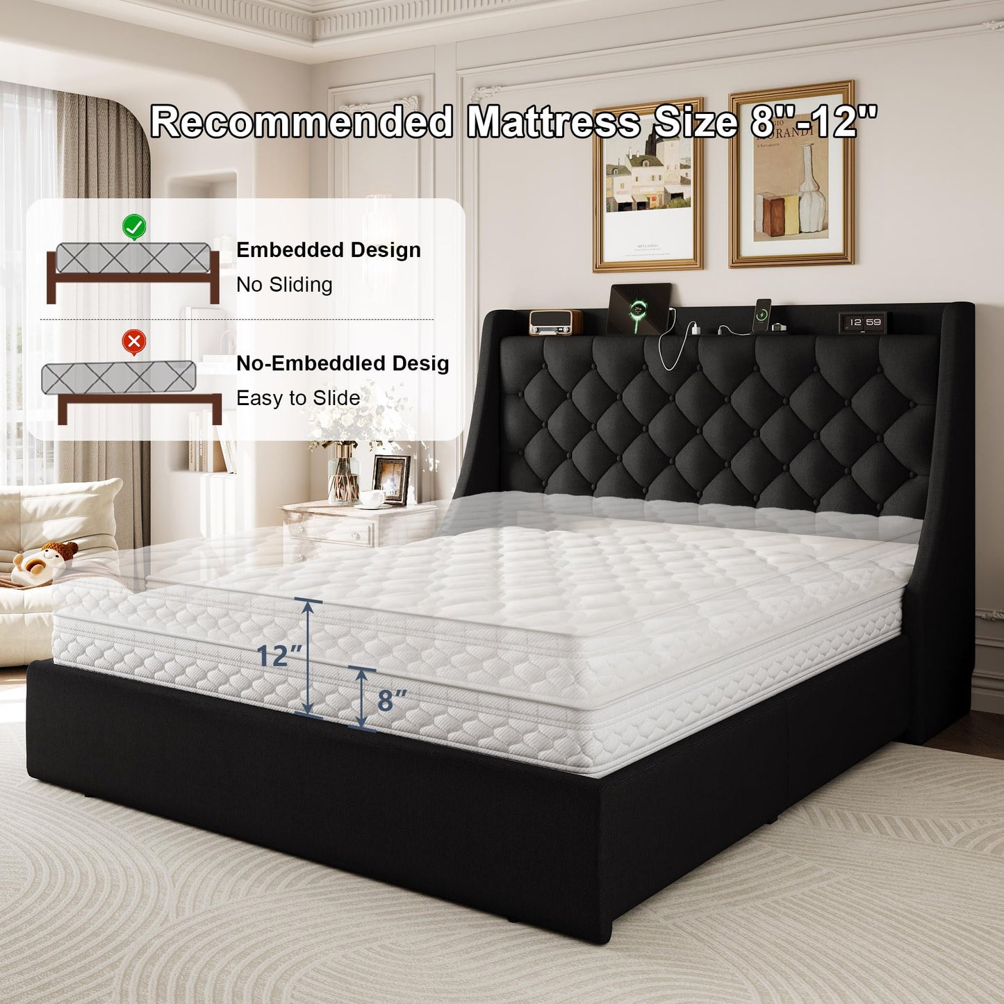 AMBERHAUS Queen Size Upholstered Platform Bed Frame with 4 Storage Drawers and Charging Station, Linen Button Tufted Wingback Headboard, Sturdy Wooden Support Slats, No Box Spring Needed, Black