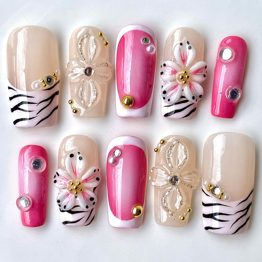 Handmade Press On Nails Short-Medium Square Bold Pink Zebra Stripes & 3D Floral | Glitter Flowers With Gold Accent | Reusable Acrylic Fake Nails for Parties & Daily (Pink Zebra, L)