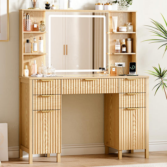Vanity Desk with Large 27.2" Mirror and Lights 47.2" Fluted Makeup, 5 Drawer Vanity with Power Strip, 4 Open Shelves, 2 Cabinet, Modern Bedroom Vanity Featuring Visual Transparent Glass. Wood