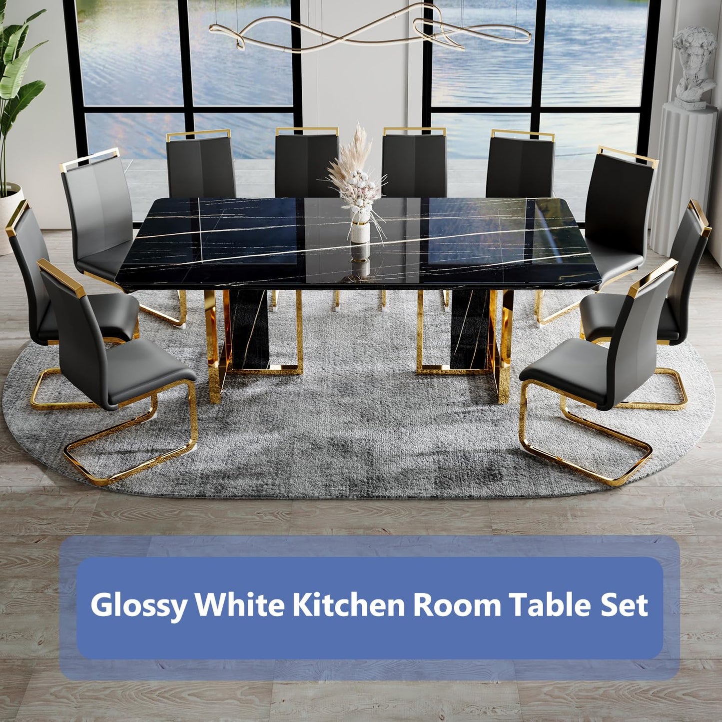 JUFU Dining Table Set for 10, 79'' Dining Table for 8-10 People with Faux Marble Tabletop and Sturdy Leg, White Rectangle Dining Room Table Set for 10 with Black PU Chairs, Perfect for Dining Room