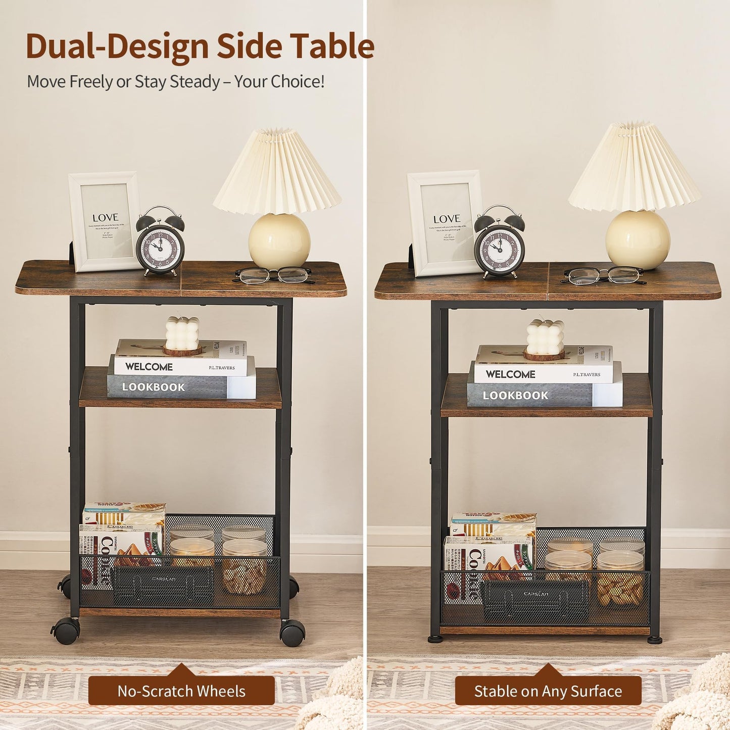 DALEMHOME Side Table with Wheels, Narrow Side Table with 3-Layer Storage Shelves, Slim Nightstand, Metal Frame, for Small Spaces, Living Room, Bedroom, 23.6" D x 11.8" W x 25.2" H, Rustic Brown
