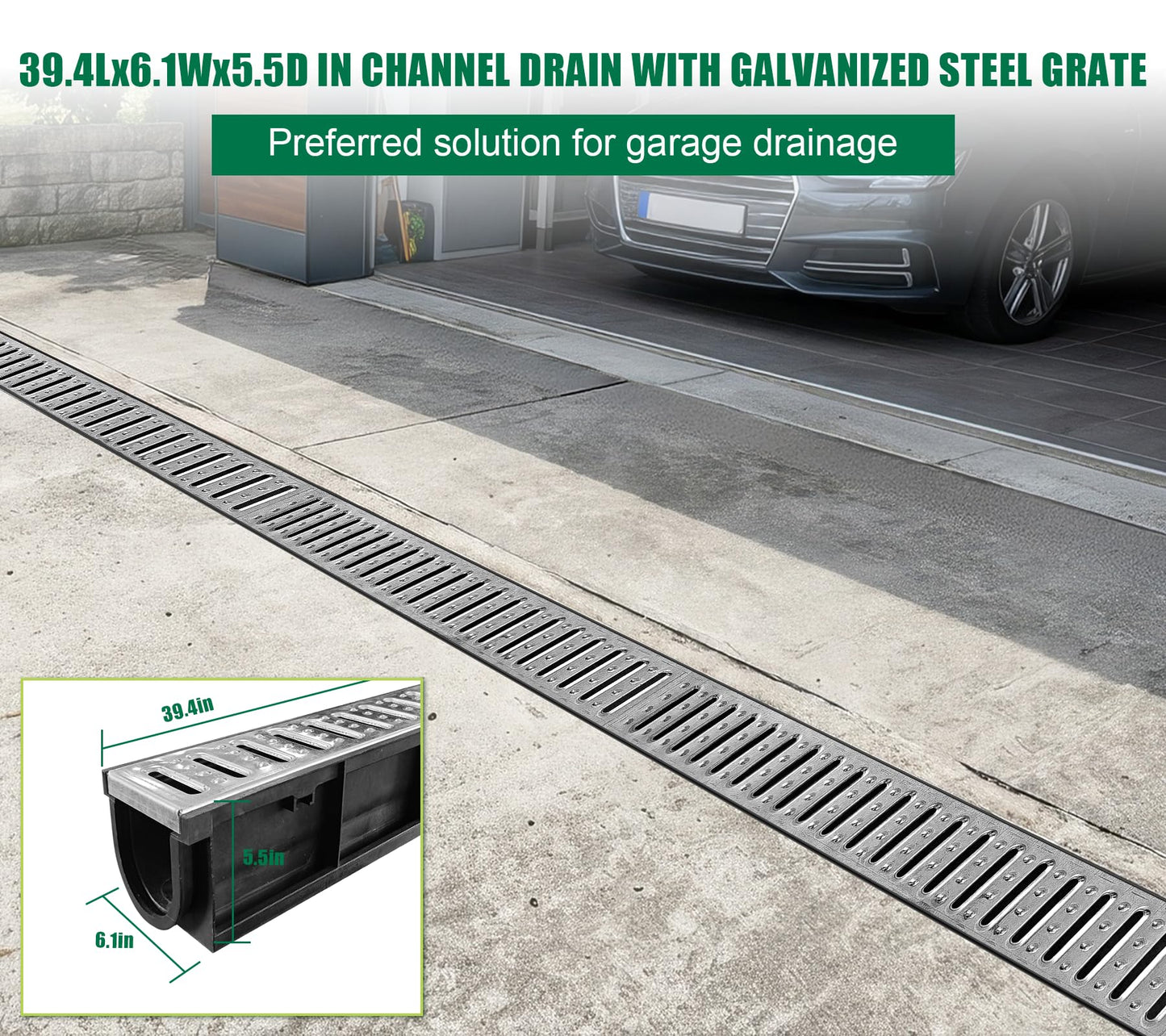 Natotela Channel Drain with Galvanized Steel Grates-39.4Lx6.1Wx5.5H in. Deep Profile Trench Drain System for Driveway,3 Pack Total Length 118.1in,Heavy Duty Drainage System for Garage,Parking Lot