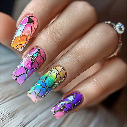 QQPPOLIU Long Press on Nails Coffin Shape with Marble Design Fake Nails Hot Girl Glue on Nails for Prom and Party Gift for Women 24pcs
