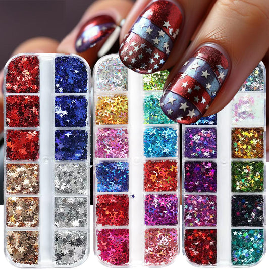 3 Box Star Nail Glitters Sequins Iirdescent Hographic Colorful 3D Flakes Gradirnt Nail Glitter Design Independence Day Shiny Glitter Powder Manicure for Women Nail Art DIY Decorations Charms