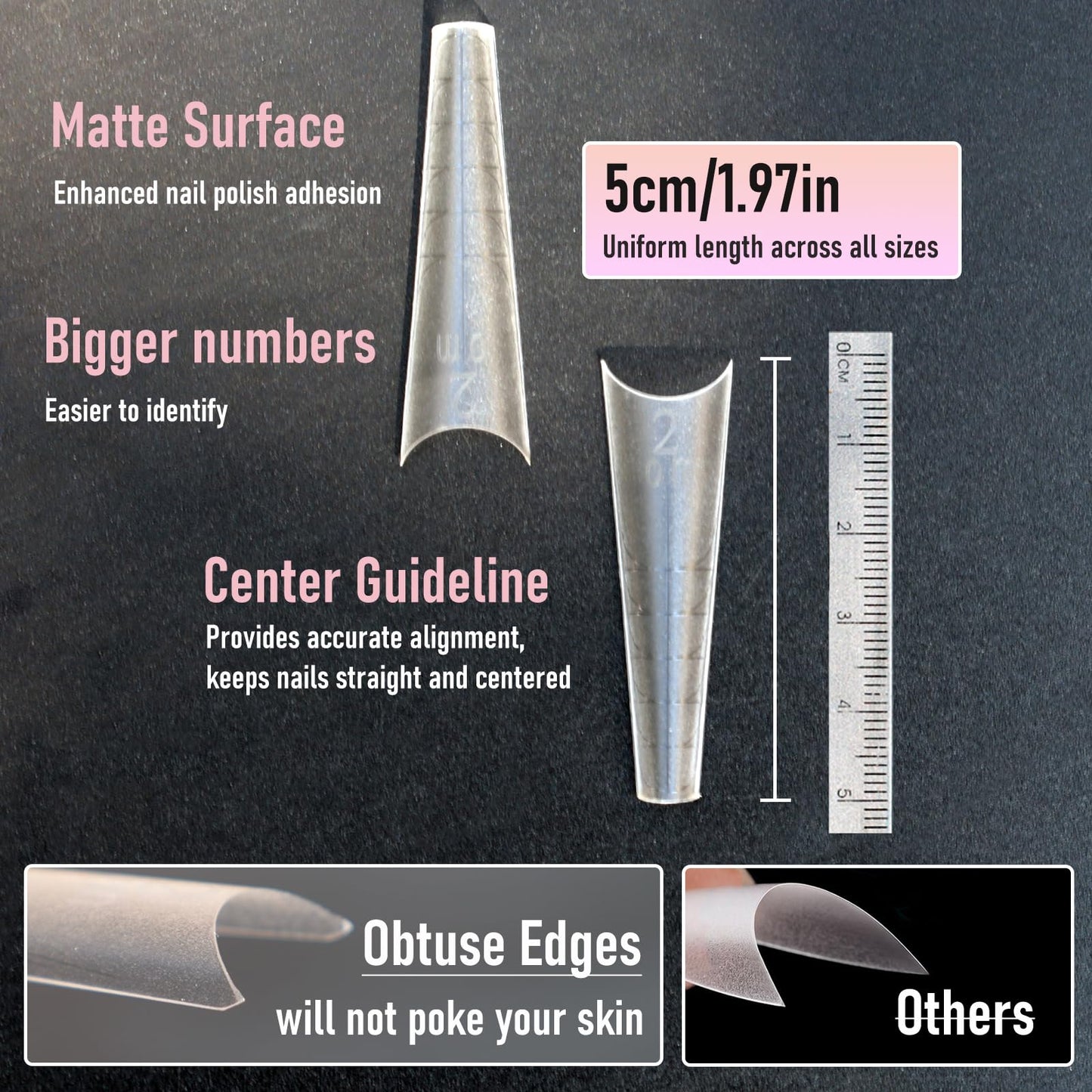 Wellquinn 5cm Shallow Cover Nail Tips, D-Arc at the Stress Area, C-Arc Sculpted, Straight Coffin Shape, Can be Filed into Almond Shape, 150Pcs 15 Sizes with Auxiliary Lines