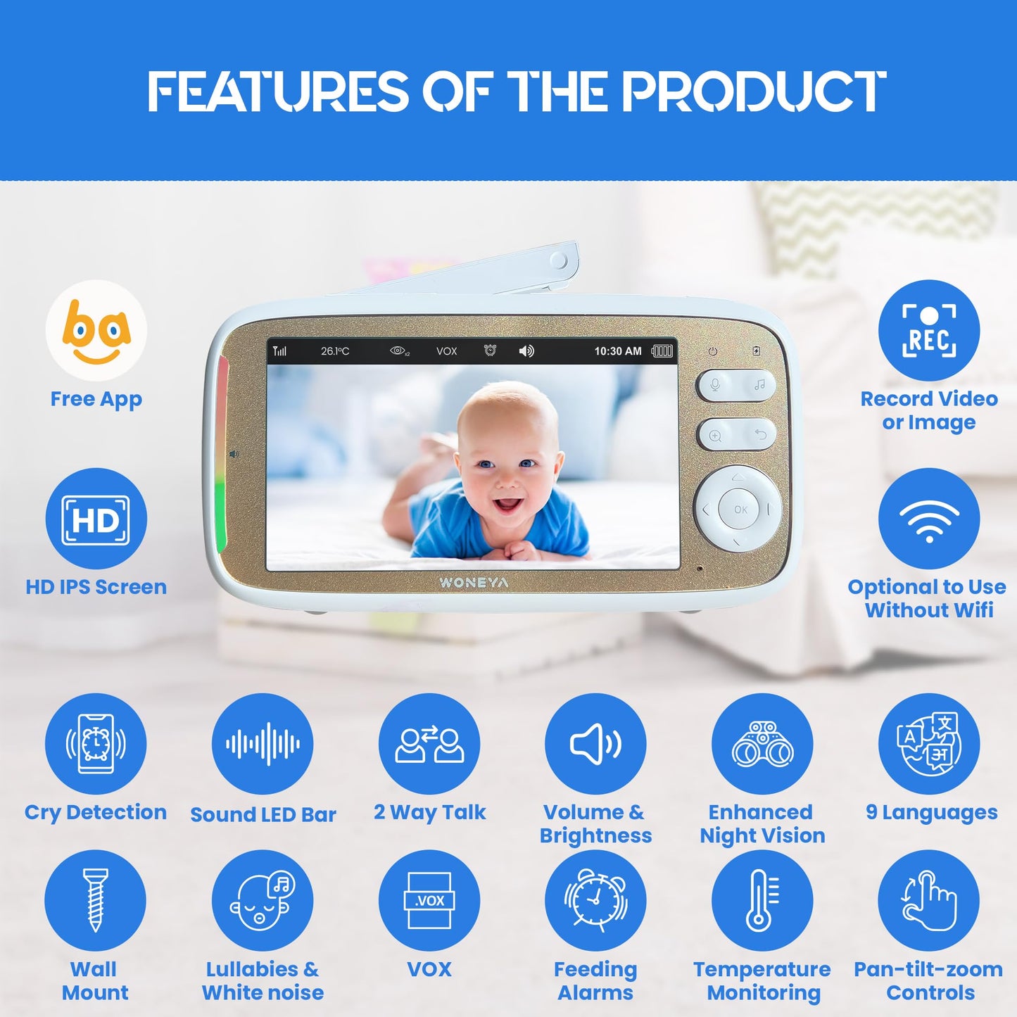 WONEYA Smart Baby Monitor, 5" HD IPS Screen, 1500ft Long Range, 48 Hours Battery, White Noises & Lullabies, 2K HD Camera, Customizable Safe Zones, Motion Detection, VOX, Free Secure Phone App