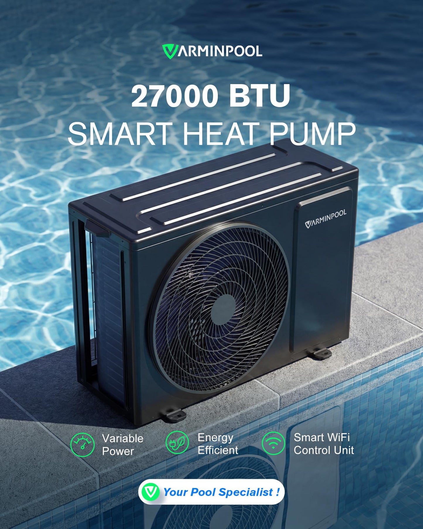 VARMINPOOL 27000 BTU Pool Heat Pump for 7000 Gals Above and Inground Swimming Pool, Smart WiFi Control Electric Pool Heater, Titanium Spiral Heat Exchanger, 120V, Energy Efficient