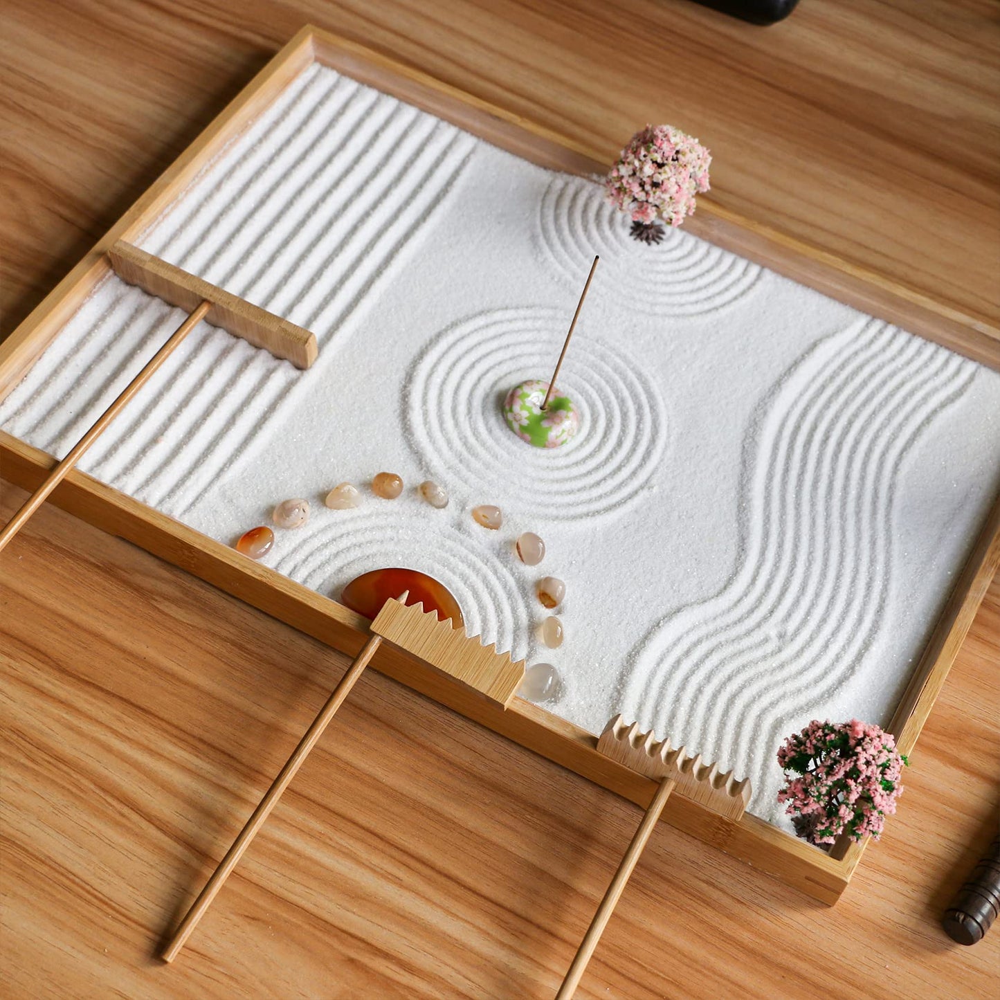 Zen Garden Rake Accessories - Miniature Tabletop Zen Garden Kits Tools w/Bamboo Rakes Holder Japanese Meditation Rock Sand Garden Kits Set for Birthday Zen Gifts Zen Room Decor