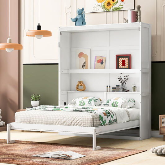 Jintop Queen Size Murphy Bed Wall Beds with Storage Shelves,Hide Away Bed Frame Easily Folds into Wood Cabinet,W/Mattress Holder,for Small Space,Guest Room,Apartment,White