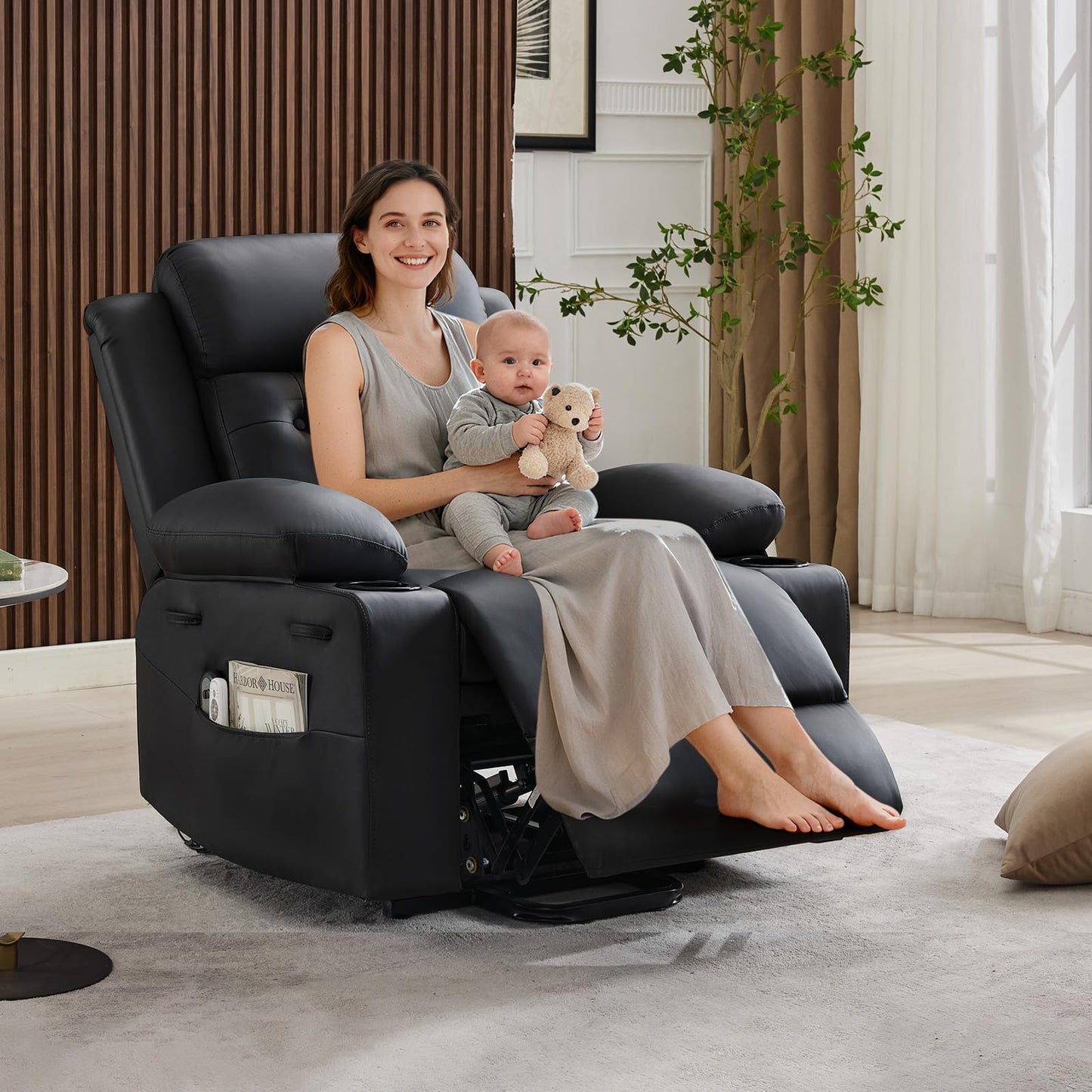 PeacefulHues Oversized Power Lift Recliner Chair for Elderly,Electric Lift Chair with Vibration Massage and Lumbar Heating,PU Leather Single Sofa with Side Pockets, Two Cup Holders for Big and Tall