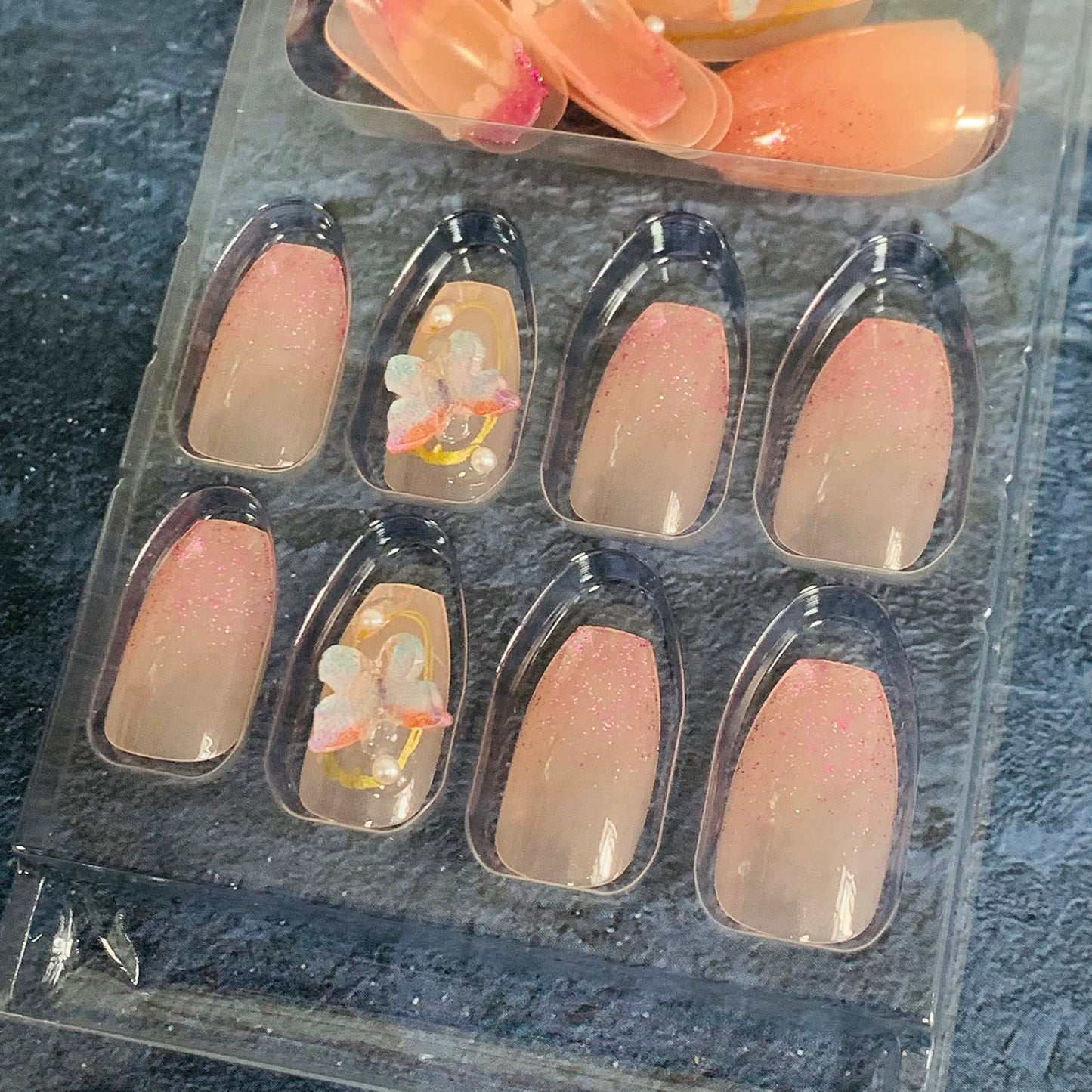 Press On Nails Square Medium Length, Artificial Acrylic Fake Nails With Butterfly Pearl Designs, 24Pcs Full Cover Reusable Coffin False Nails Set, Stick On Nails For Nail Art
