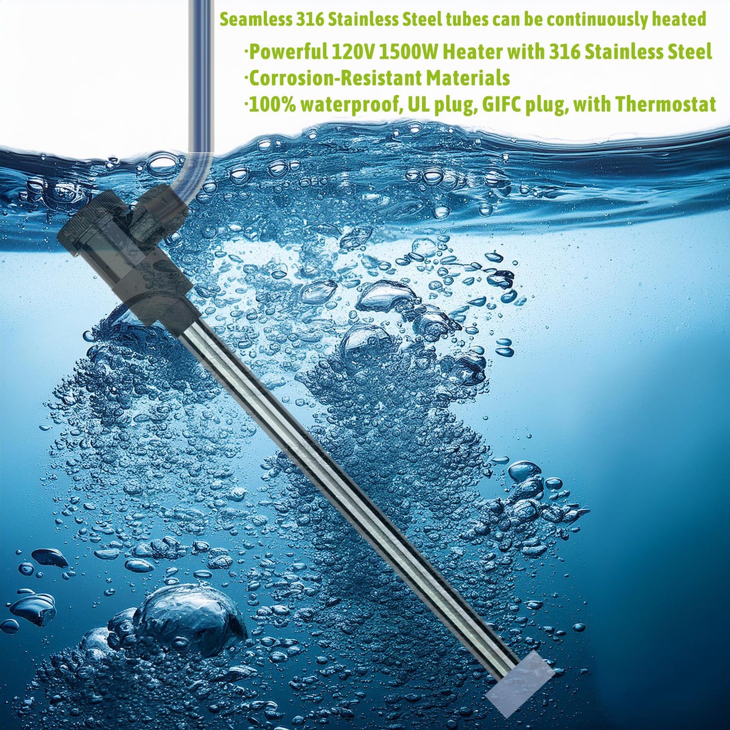 LINGLONGTEMP 1500W Submersible Hot Tub & Pool Portable Electric immersion Water Heater with temperature control and GFCI for Swimming Pools, Bathtubs, Baptistry, above ground pool & inflatable pool