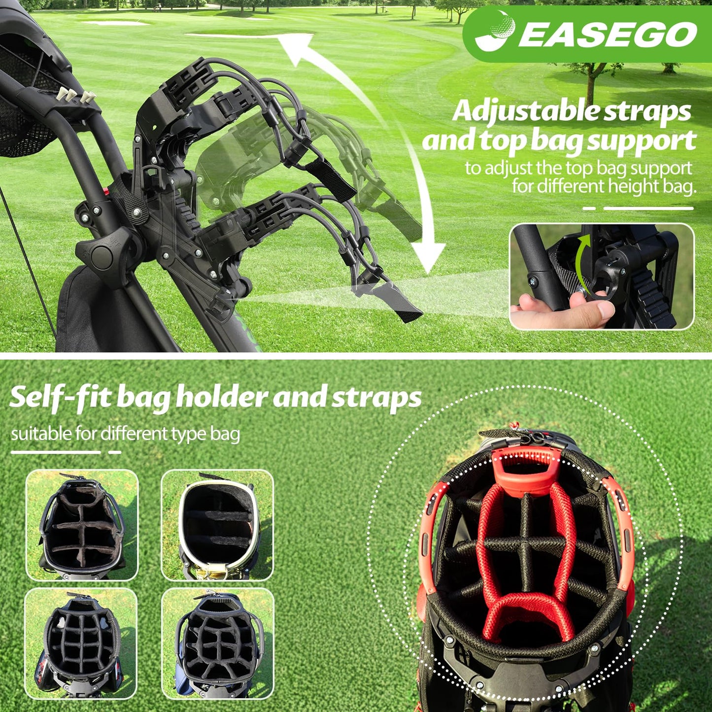 EASEGO Golf Push Cart 4 Wheel : Golf Walking Carts with Phone Holder/Cup Holder/Umbrella Holder/Foot Brake/Cooler Basket 4 Wheel Superlite Golf Pull Cart All-Terrain Golf Caddy Carts(Lime Green)