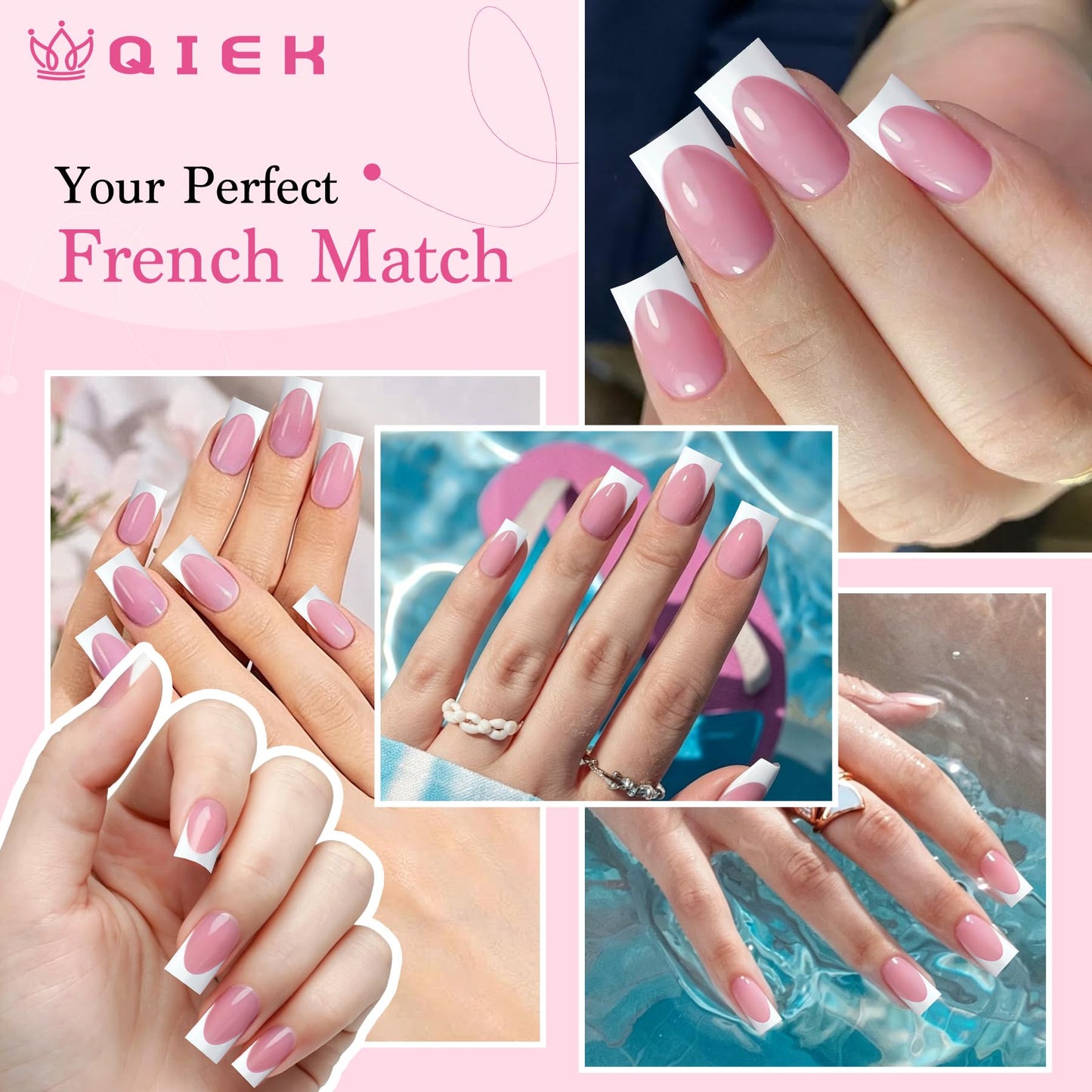Qiek French Tips Press On Nails - 150Pcs Deep Pink Short Square Soft Gel Nail Tips Pre-Designed, 15 Sizes Fake Nails for Nail Art DIY, False Nails Salon Quality Manicure at Home Gifts For Women