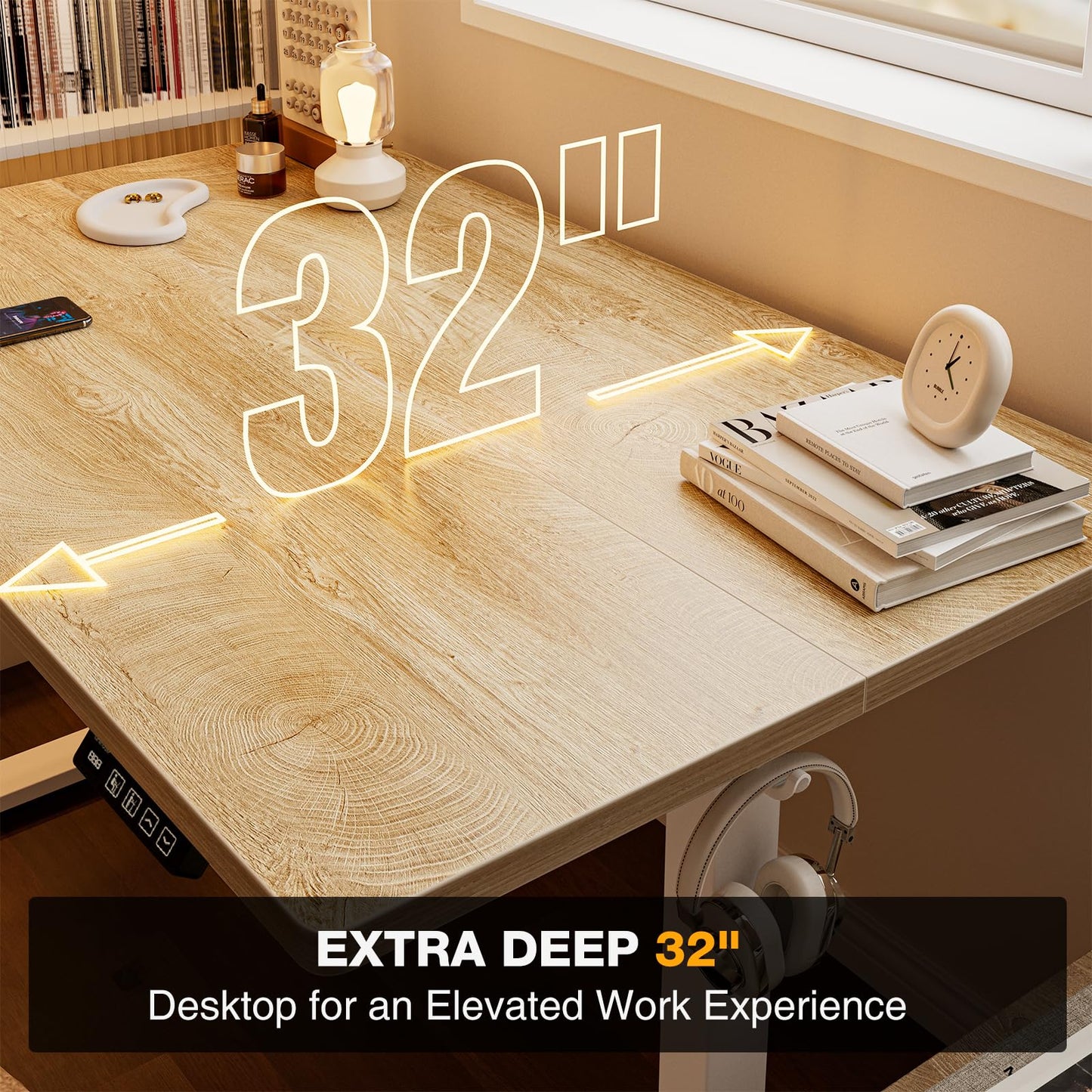 Grandder 47x32 Large Electric Standing Desk, Height Adjustable Computer Desk with 2 Memory Presets, 31.5" Deep Desktop Sit Stand Desk Home Office Desk Workstation Table with Hooks, Oak