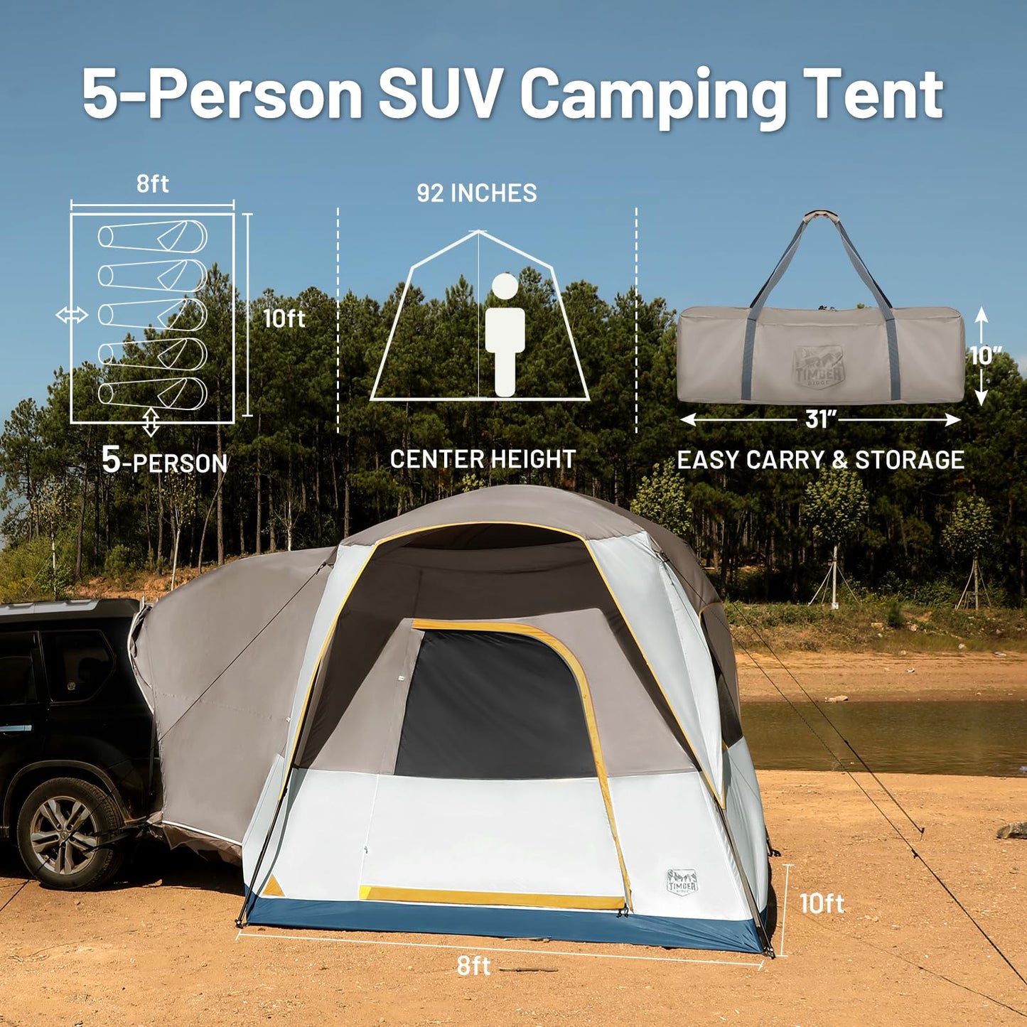 TIMBER RIDGE 5 Person SUV Tent Weather Resistant Portable for Car SUV Van Camping, Includes Rainfly and Storage Bag, 10' W X 8' L X 7.1' H Khaki