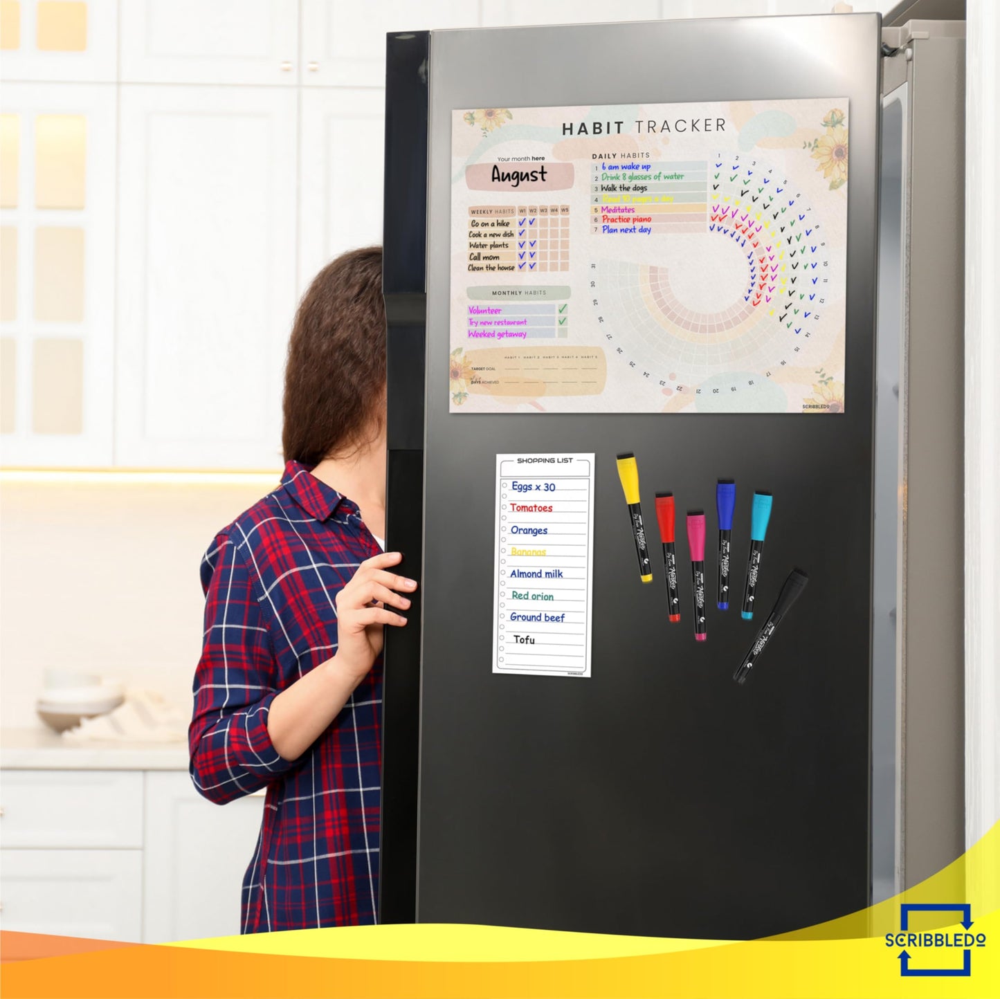 Habit Tracker Journal Workout Motivation Fridge Calendar Dry Erase 13” X 17” Magnet Health Fitness Goal Tracker Goals Board - With Shopping Grocery List - 6 Markers Included