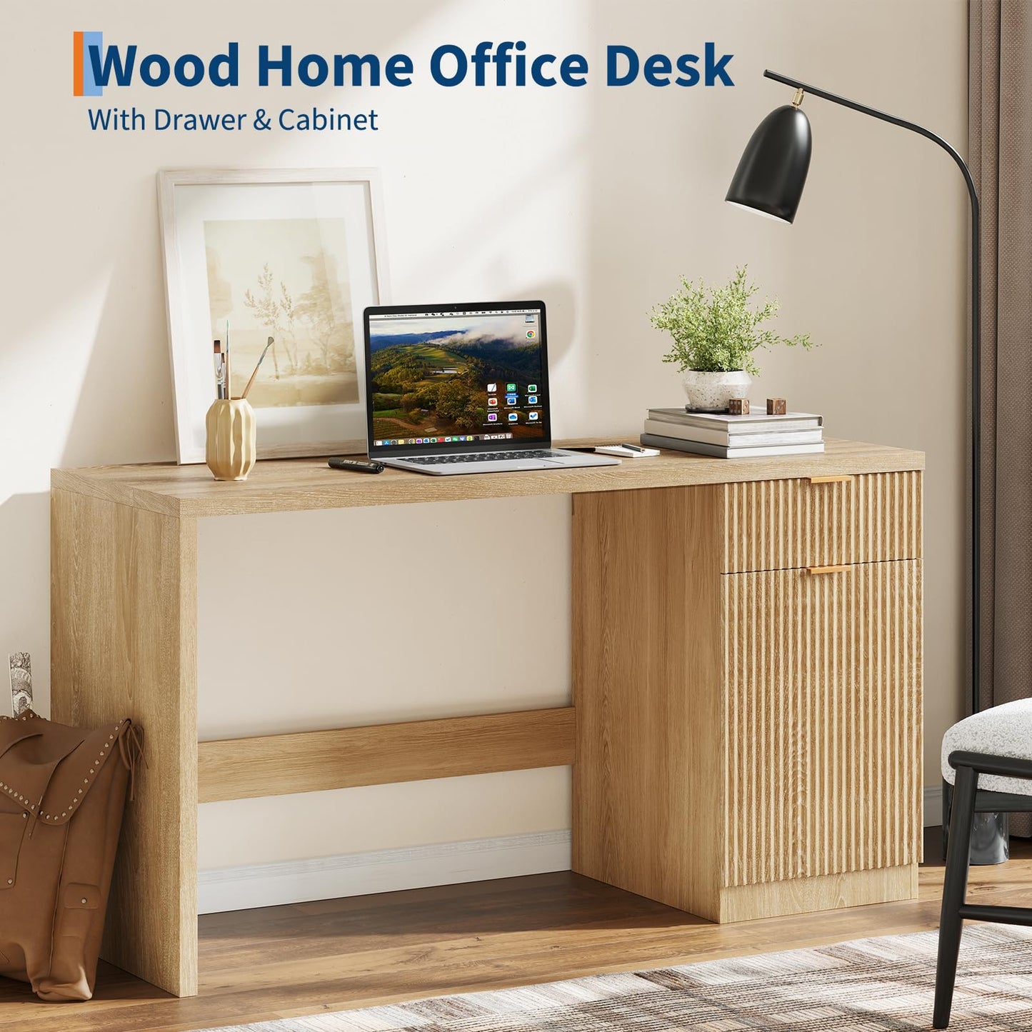 GarveeHome 60" Executive Desk with Storage, Modern Home Office Desk with Drawer & Cabinet, Wood Fluted Computer Desks Workstation Writing Conference Table for Study, Living Room, Bedroom, Natural Oak