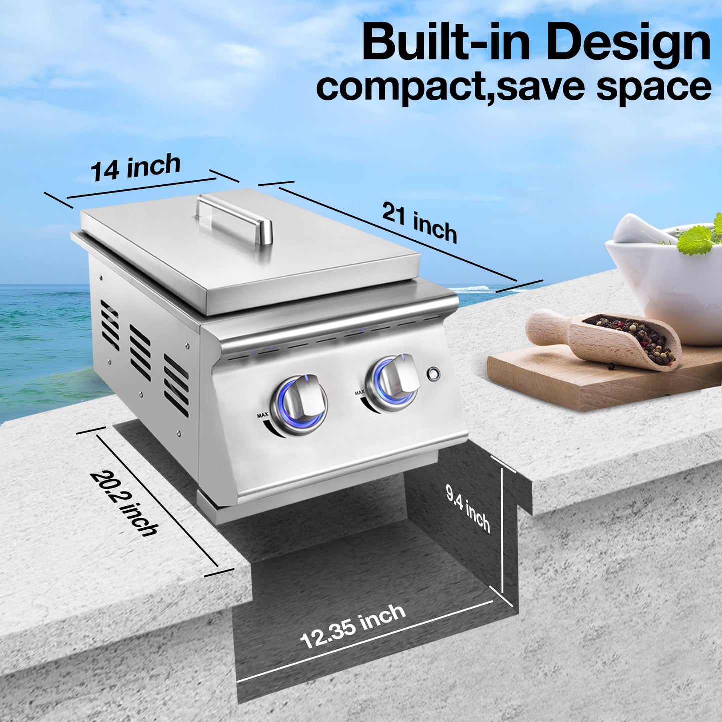 Livory Double Grilling Side Burners for Outdoor Kitchen, 2 * 15,000BTU Natural Gas Burners, Sturdy 304 Stainless Steel, with Liquid Propane Kit, Built-in Side Burner for BBQ Island Grill