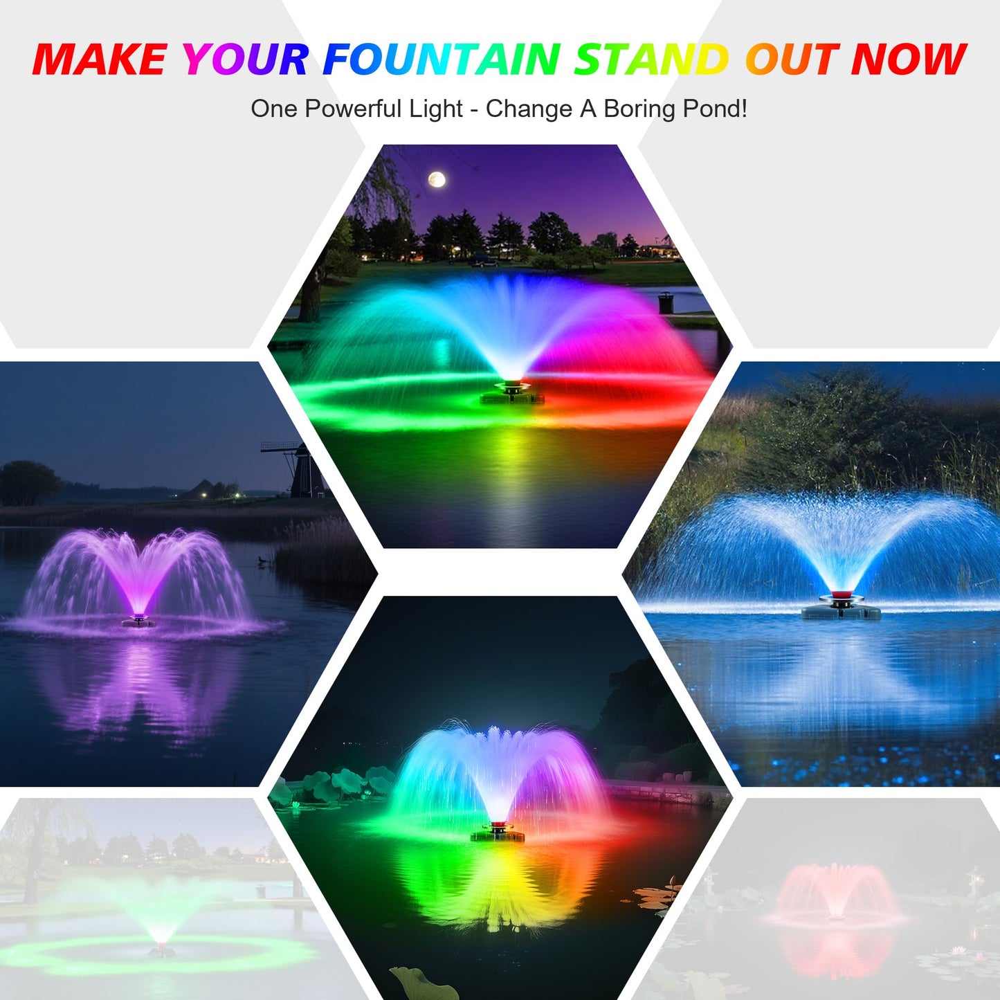 Goldlife Pond Fountain Aerator Lights, 200W RGBW 20000LM 160LED Fountain Light With 100FT Power Cord, IP68 Waterproof Stainless Steel Wireless Sync Control Floating Fountains Pump Light for Lake Ponds