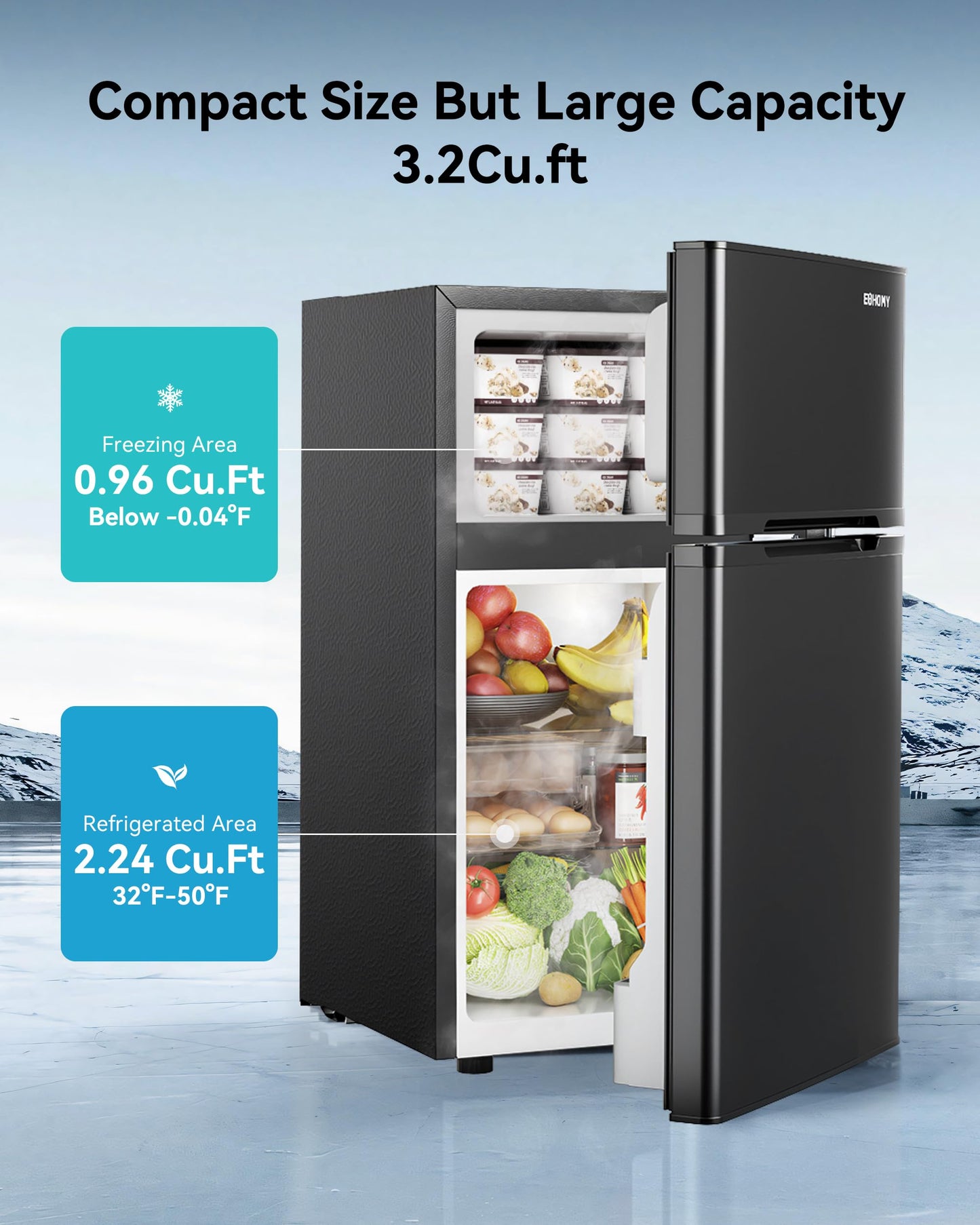 EUHOMY 3.2 Cu.Ft. Refrigerator with Freezer, 2 Door Fridge, Adjustable Thermostat，Large Capacity, Refrigerator for Kitchen/Dorm/Office/Apartment - Food Storage or Cooling drinks, Black