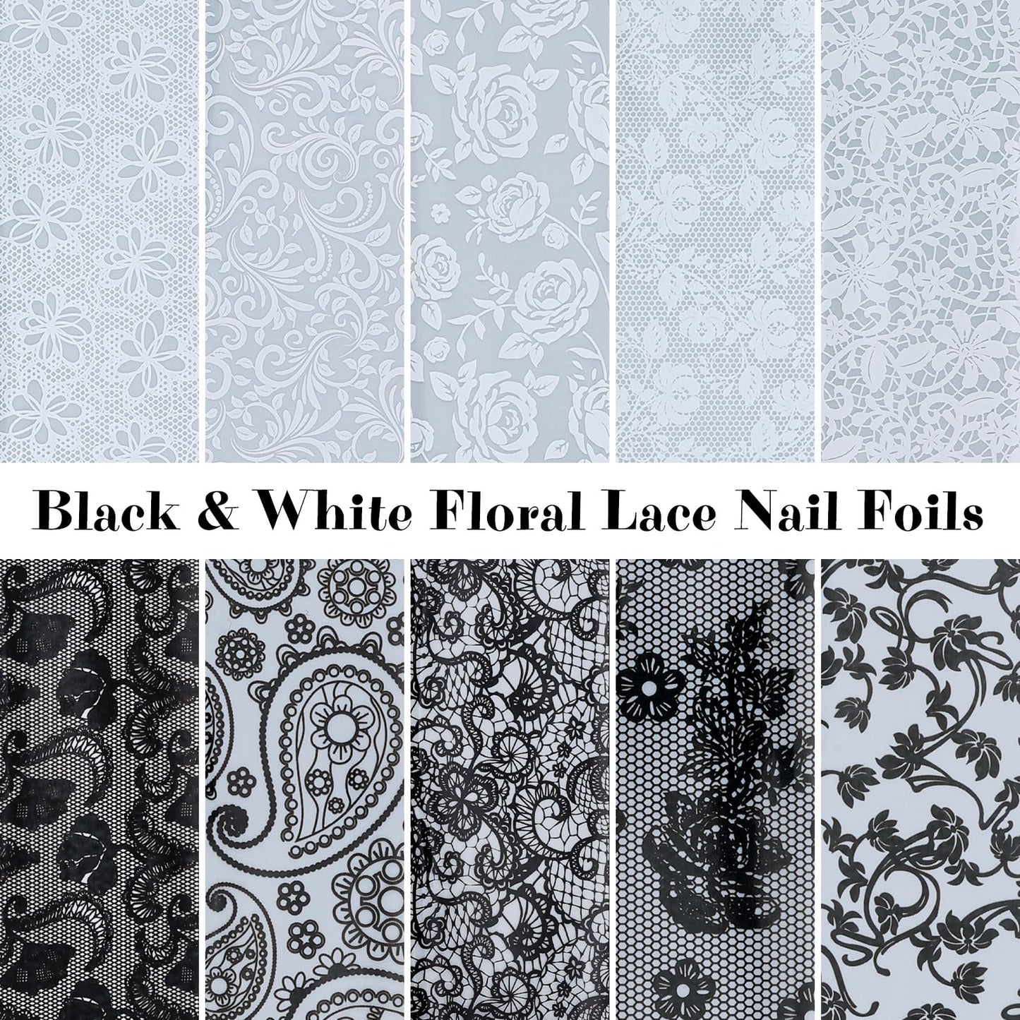 Lace Nail Foil Transfer Sheets, 10 Rolls Black White Flower Nail Art Transfer Foils Decals, Holographic Nail Foils Transfer DIY Nail Stickers for Acrylic Nails, Gel Nails and Manicure Decorations