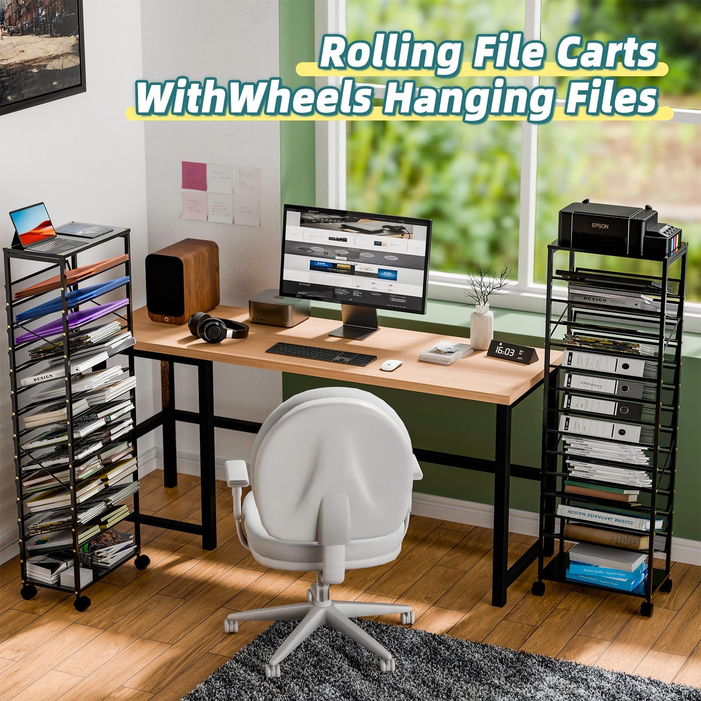 Ekisemio 15 Tier Rolling File Cart, Sturdy and Durable Desk File Organizer with Metal Mesh Letter Tray, Heavy-duty Rolling Clutter Cart for Office, Home, School, Black
