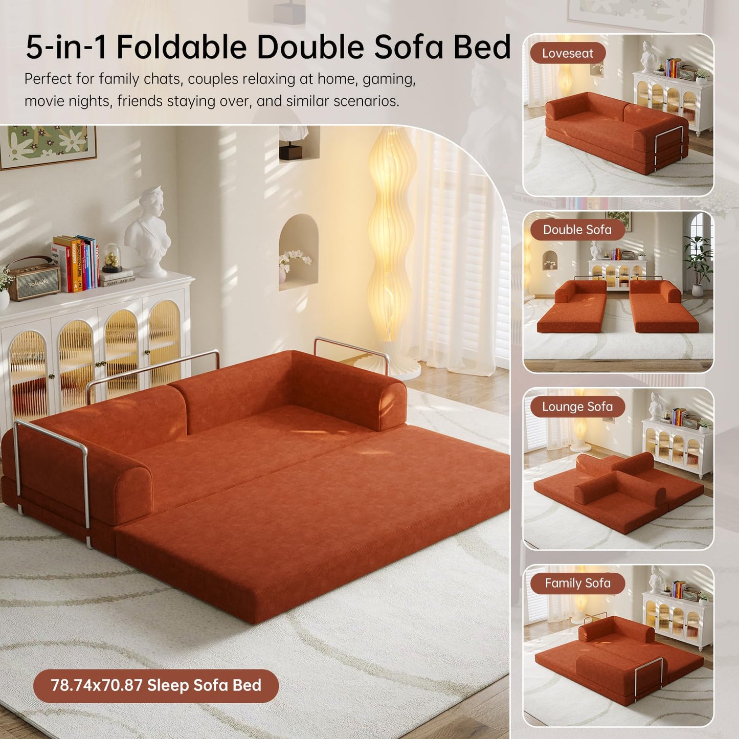 79” Convertible Sofa Bed, 35D High-Density Foam&Corduroy Fabric Sleeper Couch Bed, Fixed-Shape Frame & Removable Armrests,Modular Folding Small Loveseat Futo, Sectional Funto Couch for Small Spaces