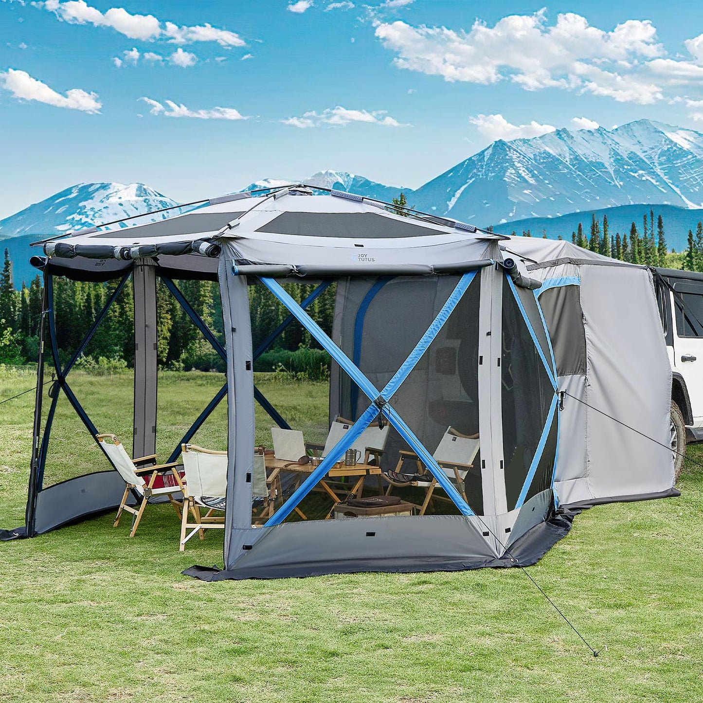 JOYTUTUS Dual-Use Pop up SUV Tent for Camping, 11x11 FT Outdoor Gazebo, SUV Tailgate Tent for Family Vehicle Camping, Canopy Shelter Portable Carry Bag, Gray Blue