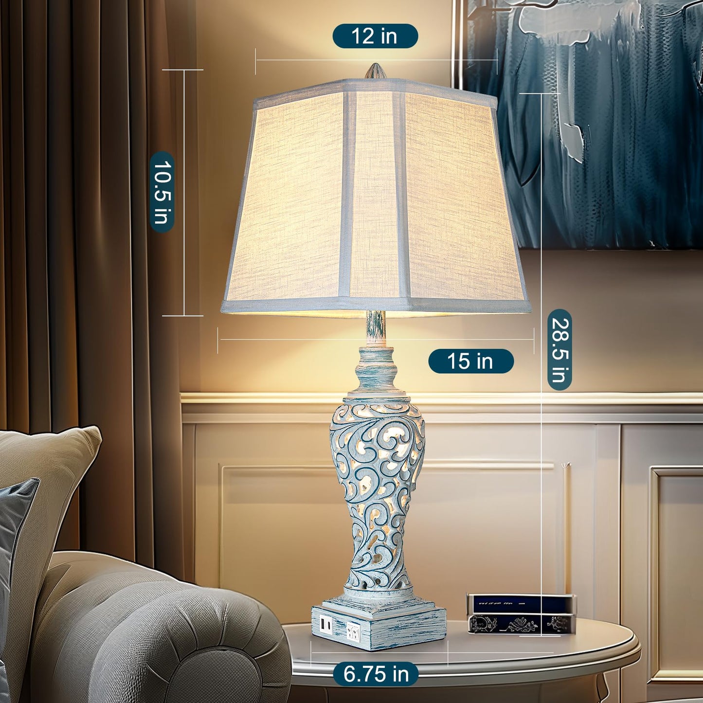 Table Lamp Bedside Lamps Set of 2, 28.5'' Luxsight Farmhouse Table Lamps for Bedroom, Lamps for Nightstands with Night Lights, with USB C+A Ports, Rustic Lamp for Living Room, Bulb Included