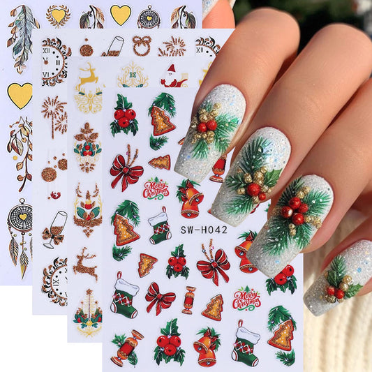 4Sheets Christmas Nail Art Stickers 3D Self-Adhesive Sock Bell Bow Nail Decals for Acrylic Nails Heart Dream Catcher Designs Nail Sticker Glitter Santa Claus Elk Nail Decal for Women DIY Nails Decor