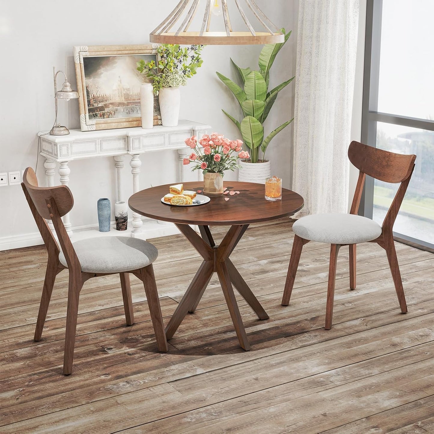 NAFORT Round Dining Table Set for 2, Mid-Century Modern Bistro Table and Chairs, Wood Kitchen Table w/Cushioned Chairs, Compact 3 Piece Dinette Set for Office, Small Spaces, Kitchen, Breakfast Nook