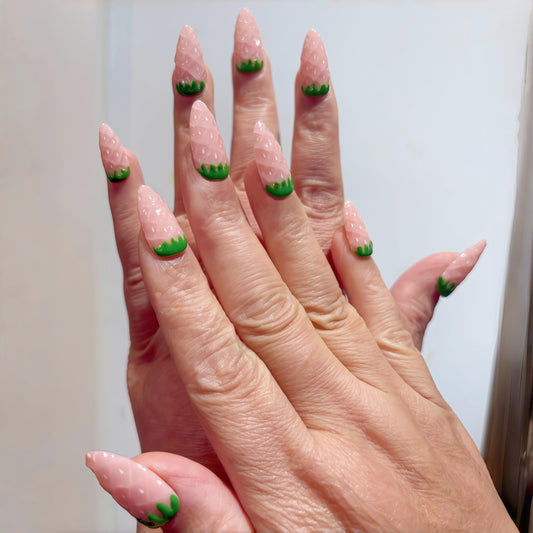 Handcrafted Press On Nails Cute Strawberry Pink Theme Fresh Fruit Pattern 100% Handmade Realistic Artistic Fake Nails Gifts For Women (Pink Strawberry, Medium M)