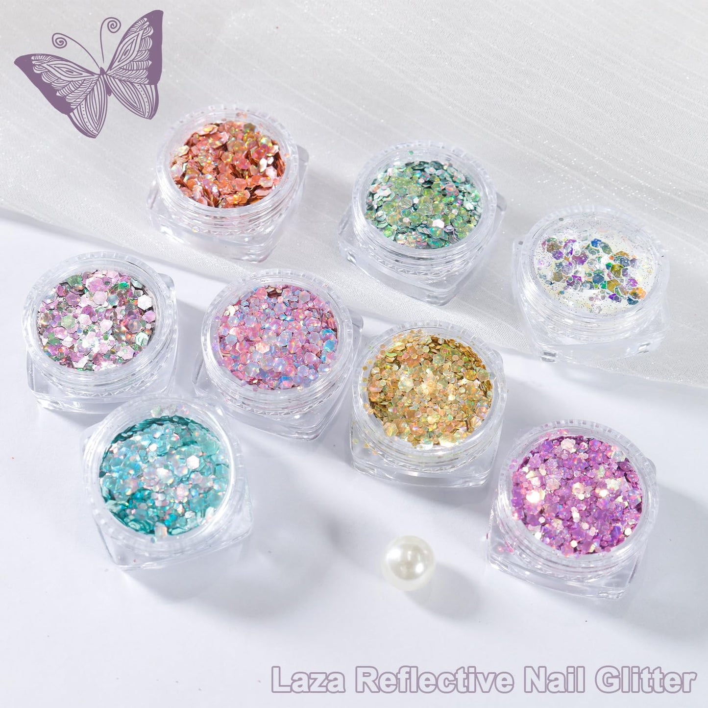 Laza 8 Colors Nail Art Glitter Diamond Dust Holographic Iridescent Glitter Mixed Chunky Glitter Confetti Foil Flakes Sequins for Nail Art, Gel Polish, Mermaid Makeup, Body, Resin-Shimmer Mirage