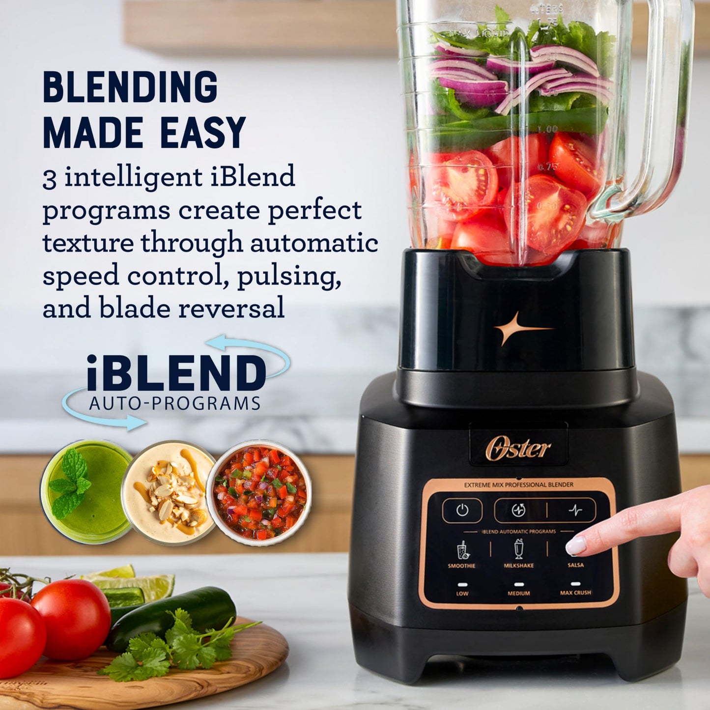 Oster Extreme Mix Blender, 64oz Glass Jar, 3 iBlend Preset Functions, 1600-Watts, 10-Point Blade Stack with Titanium Coating & 24oz Blend-N-Go Cup