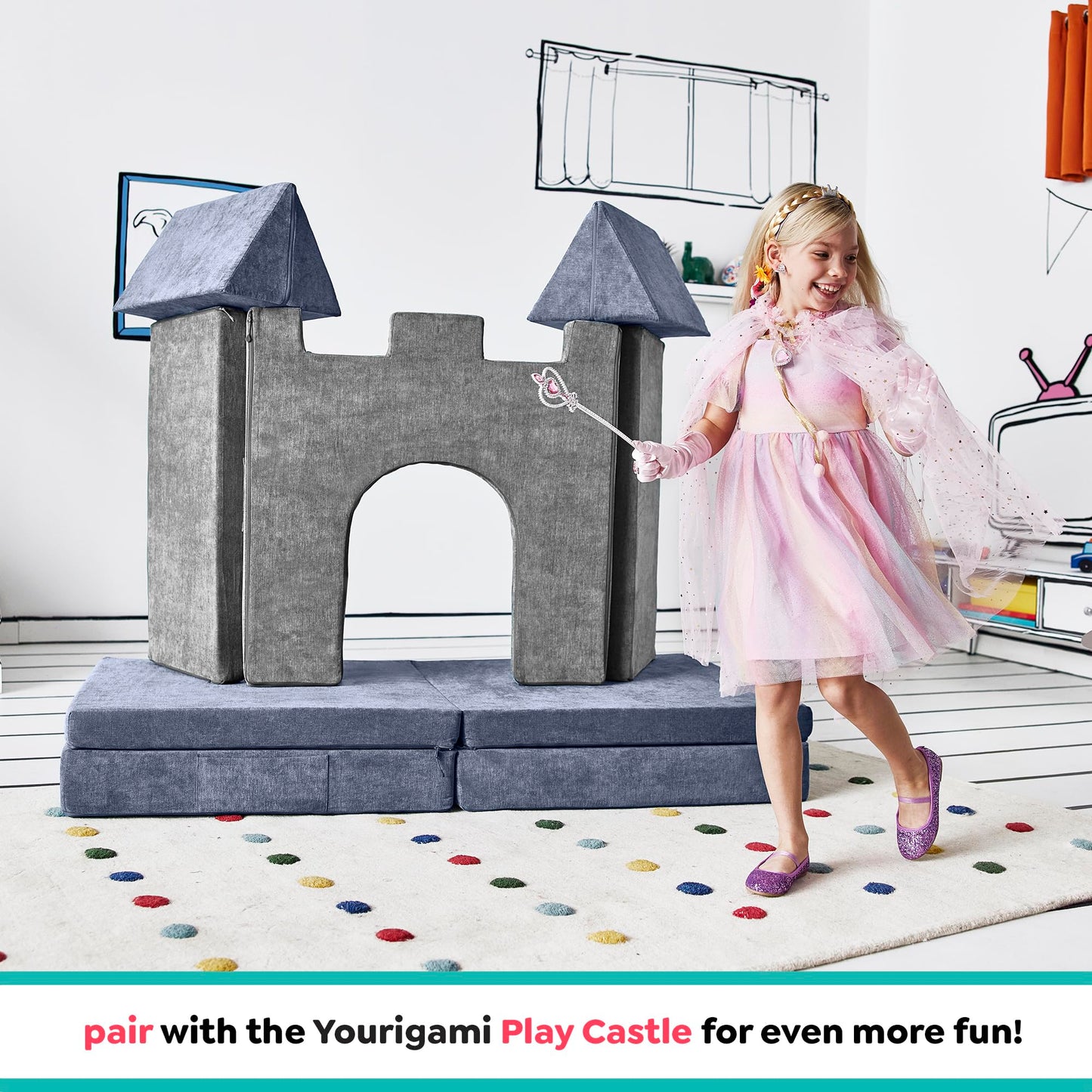 Yourigami Kids and Toddler Play Couch, Convertible Folding Sofa, Durable Foam Modular Design, Blue Lagoon