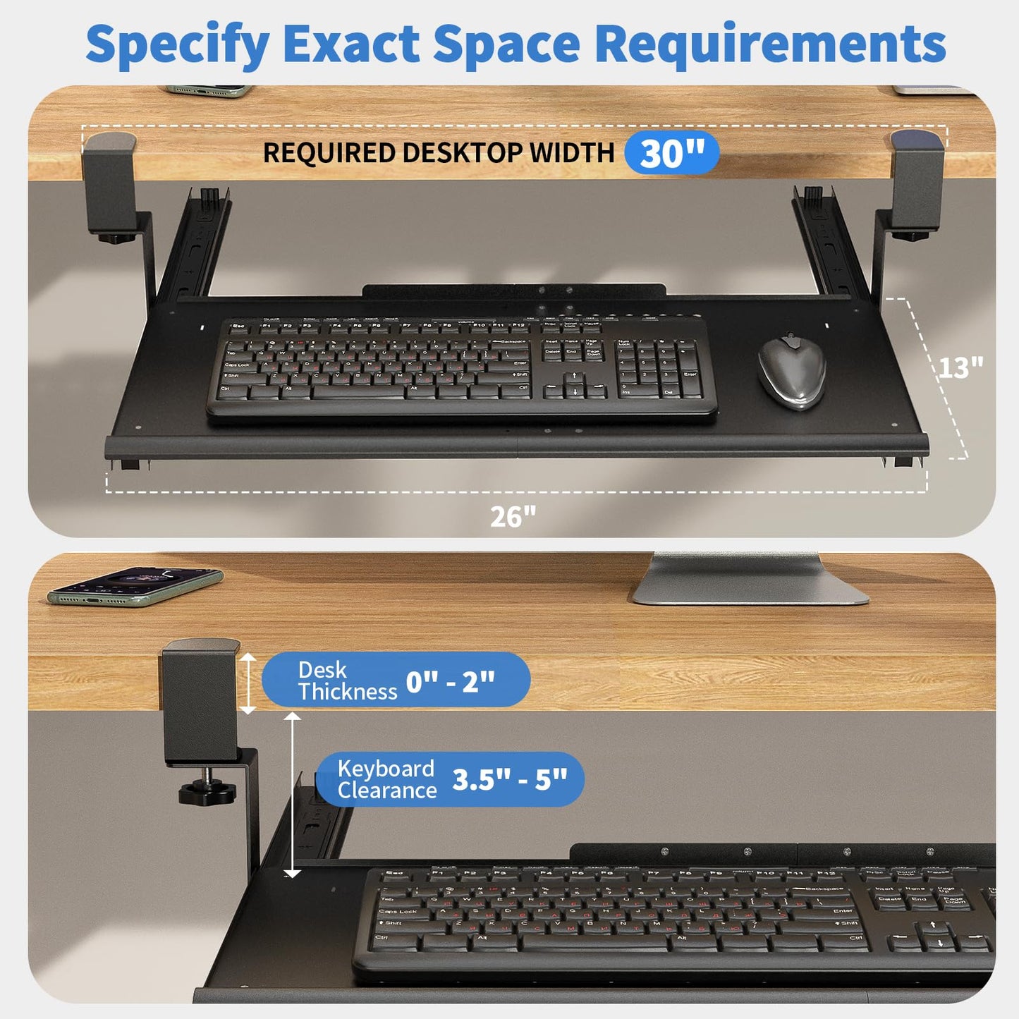 Strifuture Keyboard Tray Under Desk - Full Metal Slide Out Holder, Rust-Resistant & Scratch-Proof, Double C-Clamps, 26x13" Tray for L Shape/Regular Desks, Standing/Sitting Workstation(Black-B)