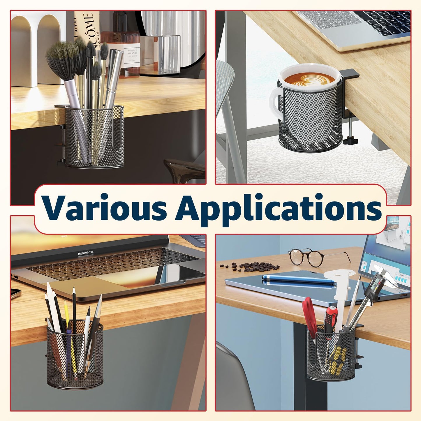 Large Desk Cup Holder, Fully Covered Anti-Spill Clip on Table Cup Holder, Office Gaming PC Desk Accessories, can Hold Universal Cup, Bottles, Mugs, Cans, Tumblers, 3.95" Inner Diameter(1 Pack Black)