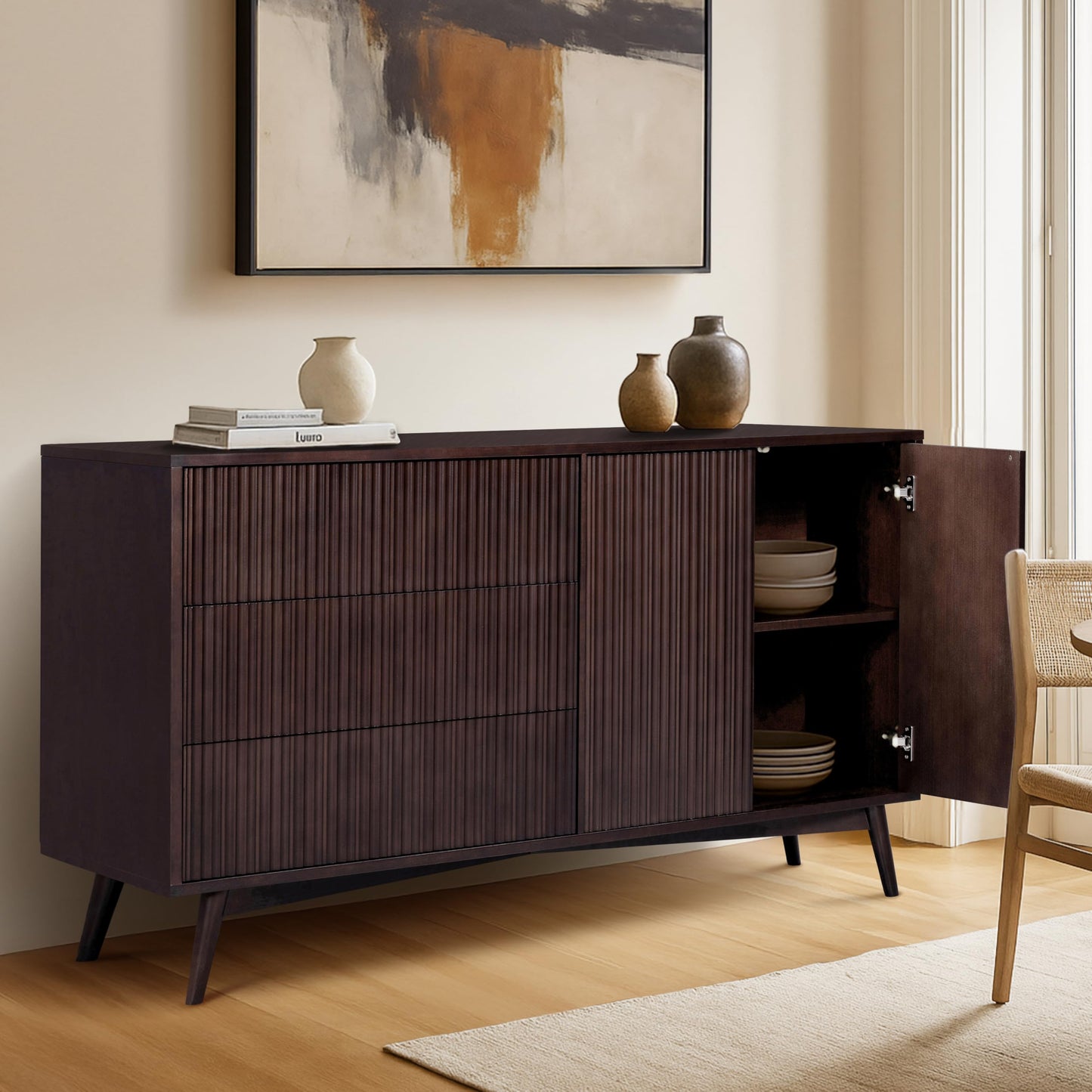 Teamson Home Tremolo 55″ Wide Sideboard Cabinet with 3 Deep Drawers & 2 Push-Open Doors, Adjustable Shelf & Rubber Wood Feet, Fluted Fronts in Contemporary Style for Living, Dining Room, Espresso