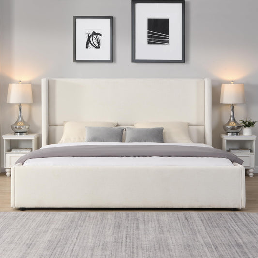 Merax King Size Bed Frame, Elegant White Upholstered Platform Bed with 41.1" Tall Wingback Headboard for Bedroom, Solid Wood Slats Support, No Box Spring Needed, Easy Assembly