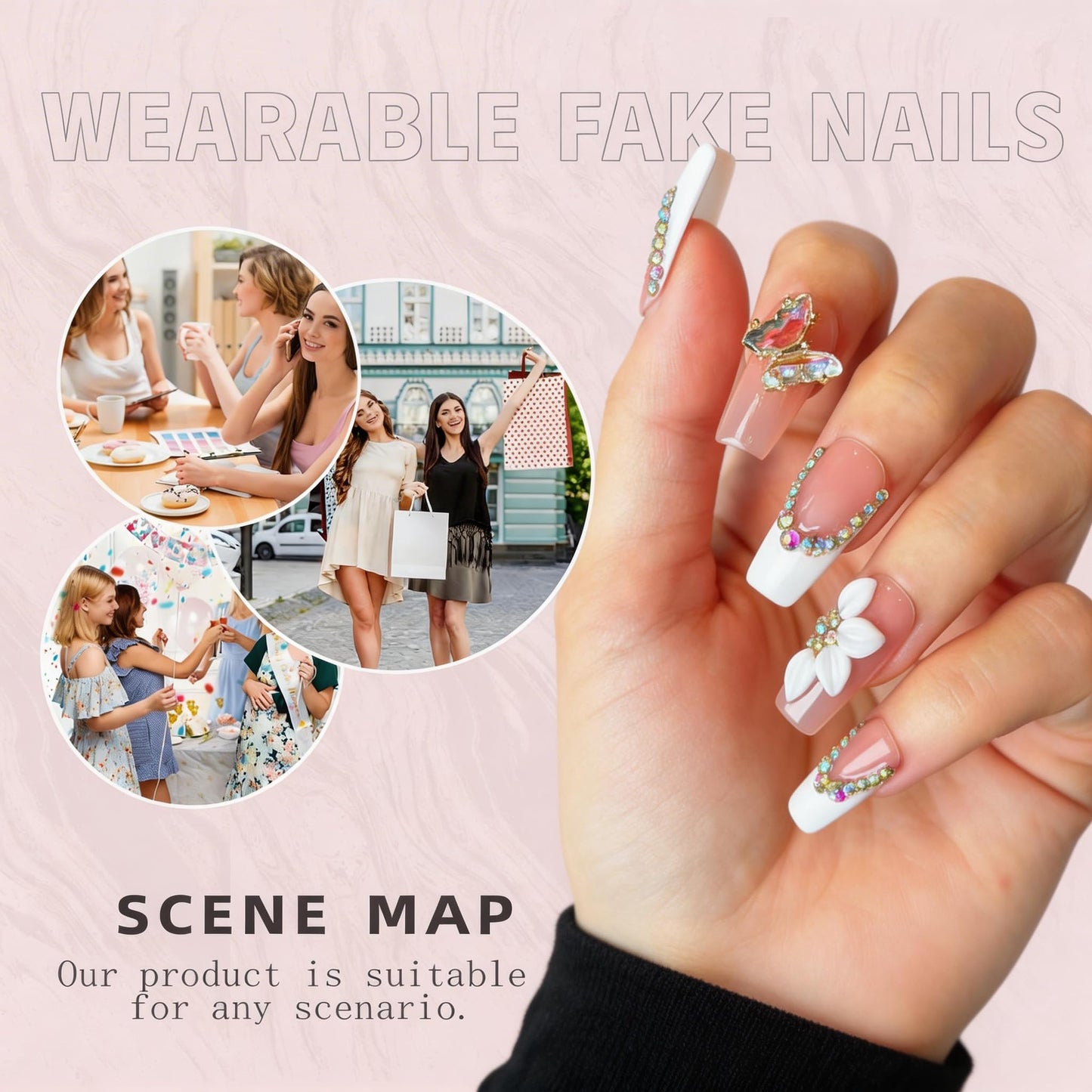 Handmade Press On Nails, 3D Flower & Butterfly White French Tip Fake Nails with Rhinestones, Reusable Acrylic False Nails Medium Length Square Press on Nails (S-10Pcs)