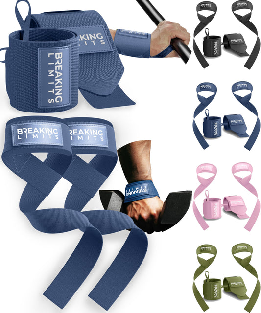 Breaking Limits Gym Straps Weight Lifting Wrist Wraps Bundle – Workout Lifting Straps for Deadlift – Wrist Straps for Weightlifting Men & Women - Muñequeras Para Gym (Navy Blue)